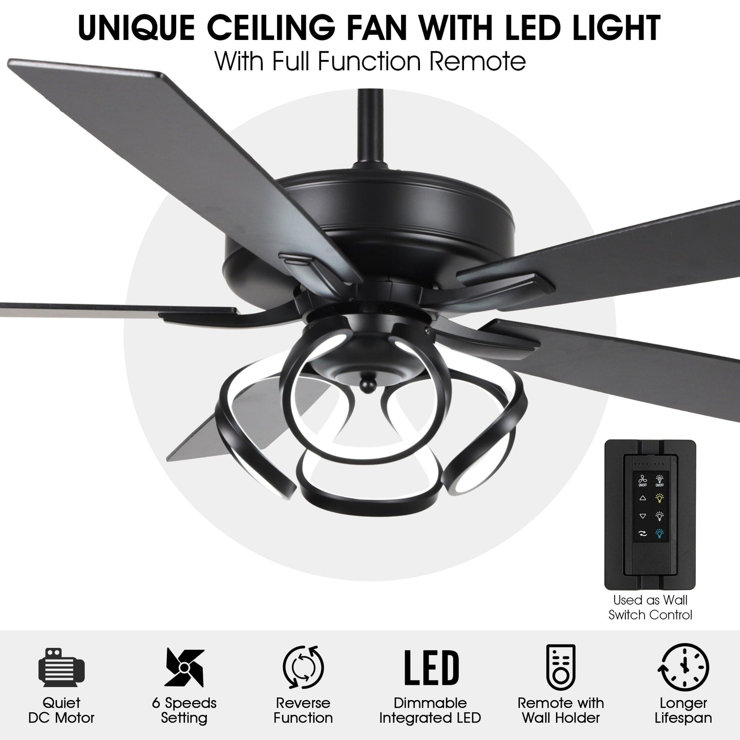 Ventilateur de plafond LED intérieur moderne de 52 pouces à 52 cm, chromé/noir, avec éclairage et télécommande, intensité variable.