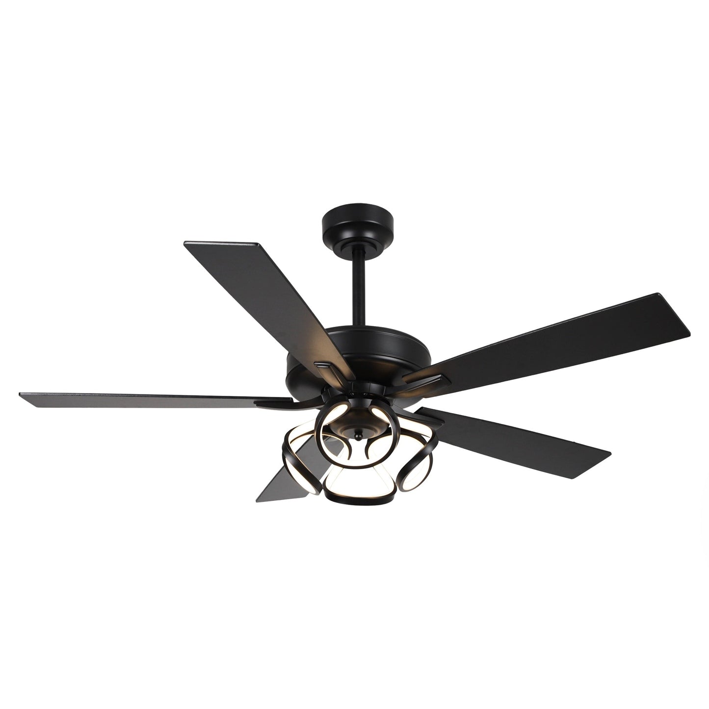 Ventilateur de plafond LED intérieur moderne de 52 pouces à 52 cm, chromé/noir, avec éclairage et télécommande, intensité variable.