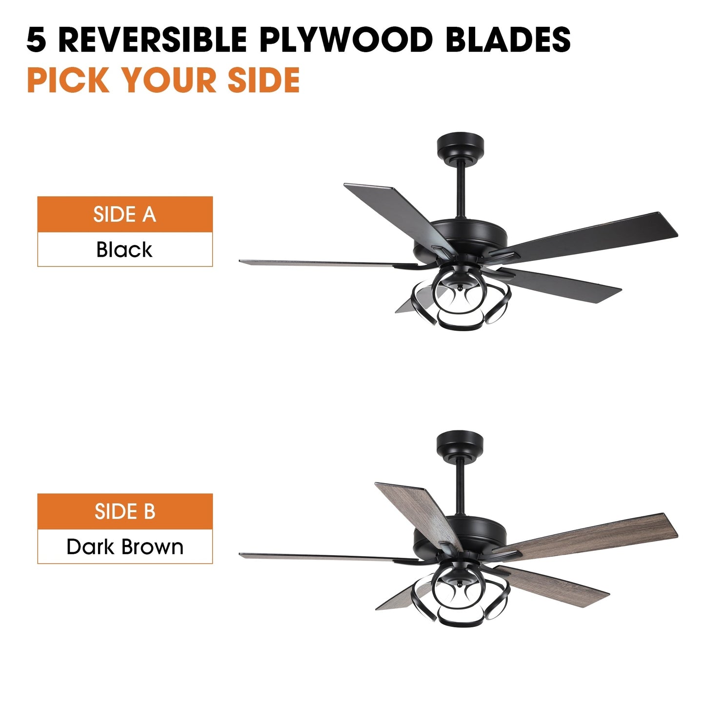 Ventilateur de plafond LED intérieur moderne de 52 pouces à 52 cm, chromé/noir, avec éclairage et télécommande, intensité variable.