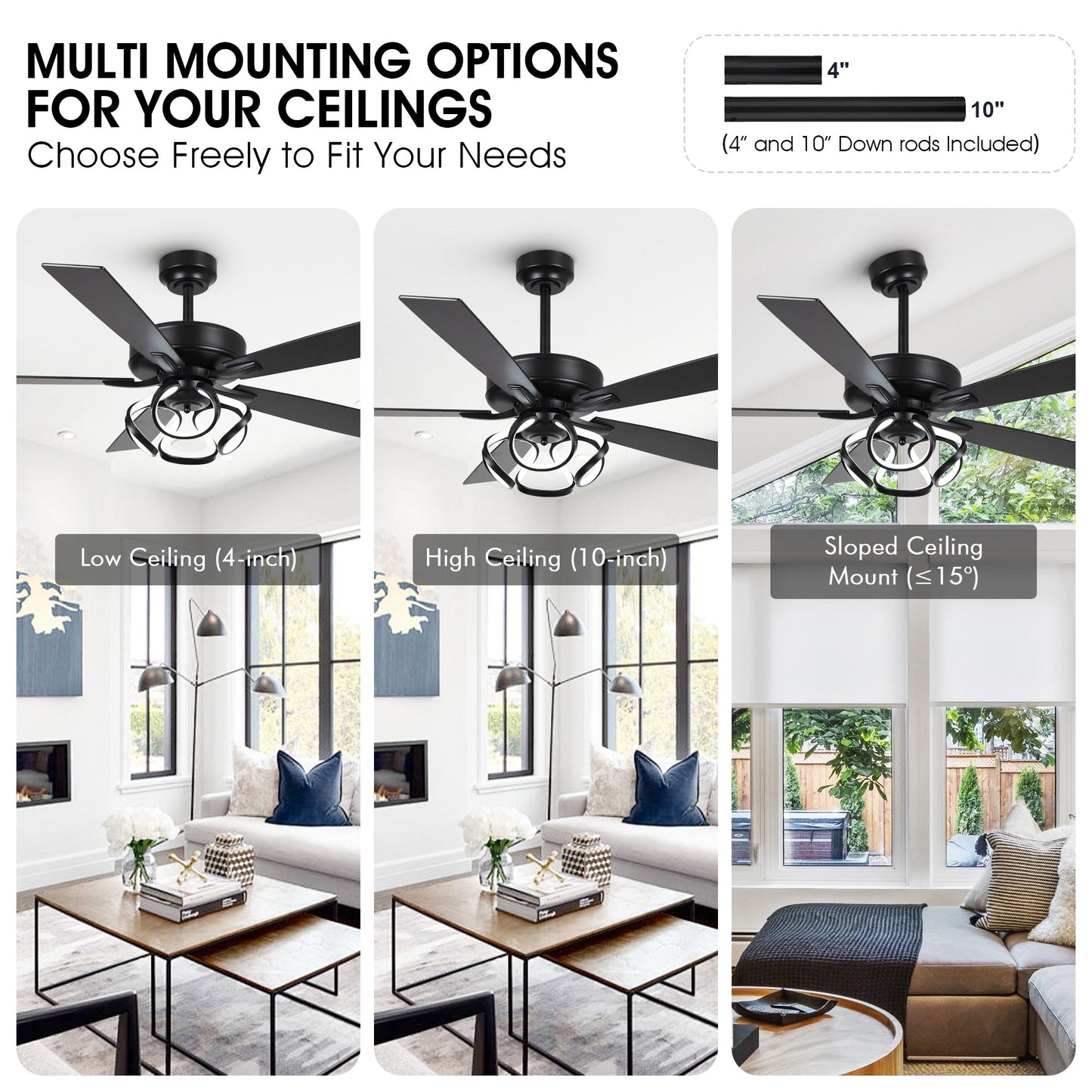 Ventilateur de plafond LED intérieur moderne de 52 pouces à 52 cm, chromé/noir, avec éclairage et télécommande, intensité variable.