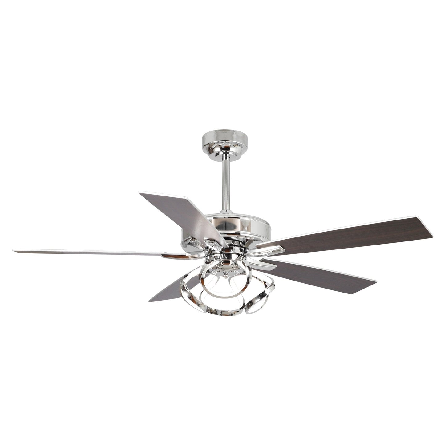 Ventilateur de plafond LED intérieur moderne de 52 pouces à 52 cm, chromé/noir, avec éclairage et télécommande, intensité variable.
