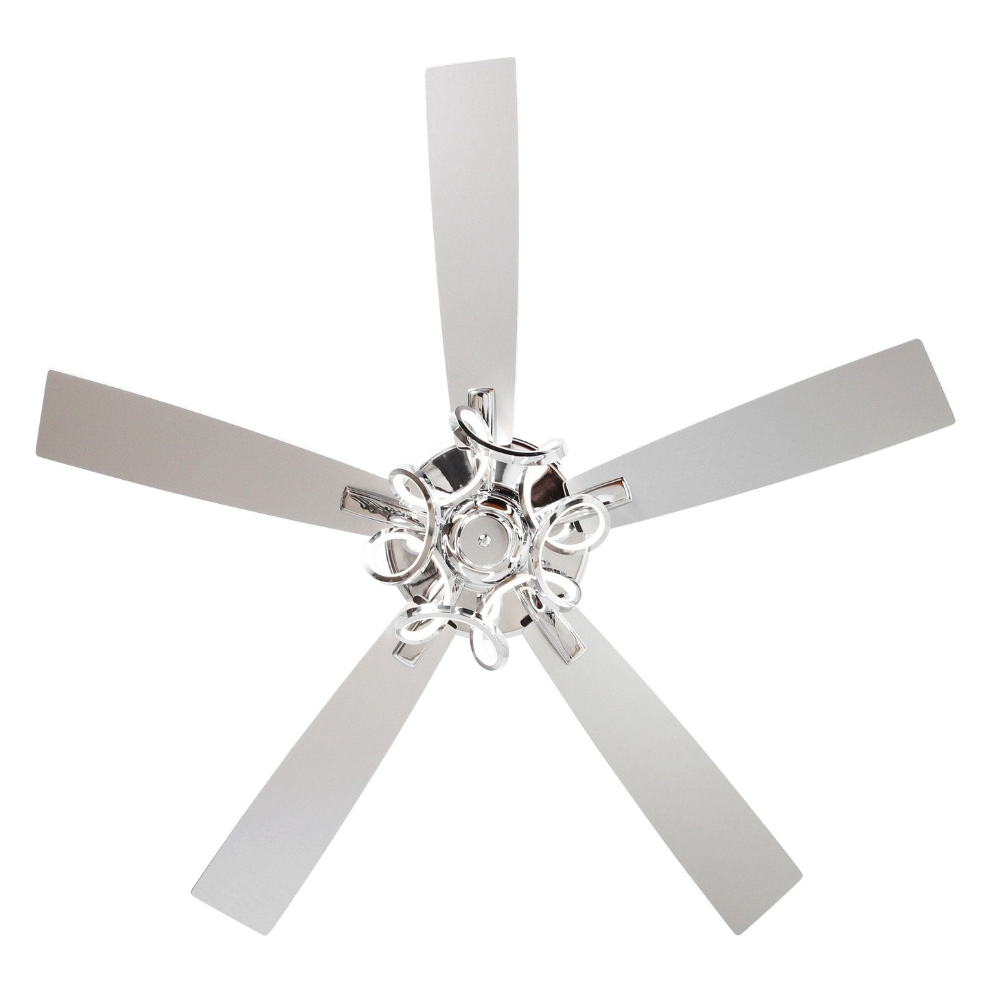 Ventilateur de plafond LED intérieur moderne de 52 pouces à 52 cm, chromé/noir, avec éclairage et télécommande, intensité variable.