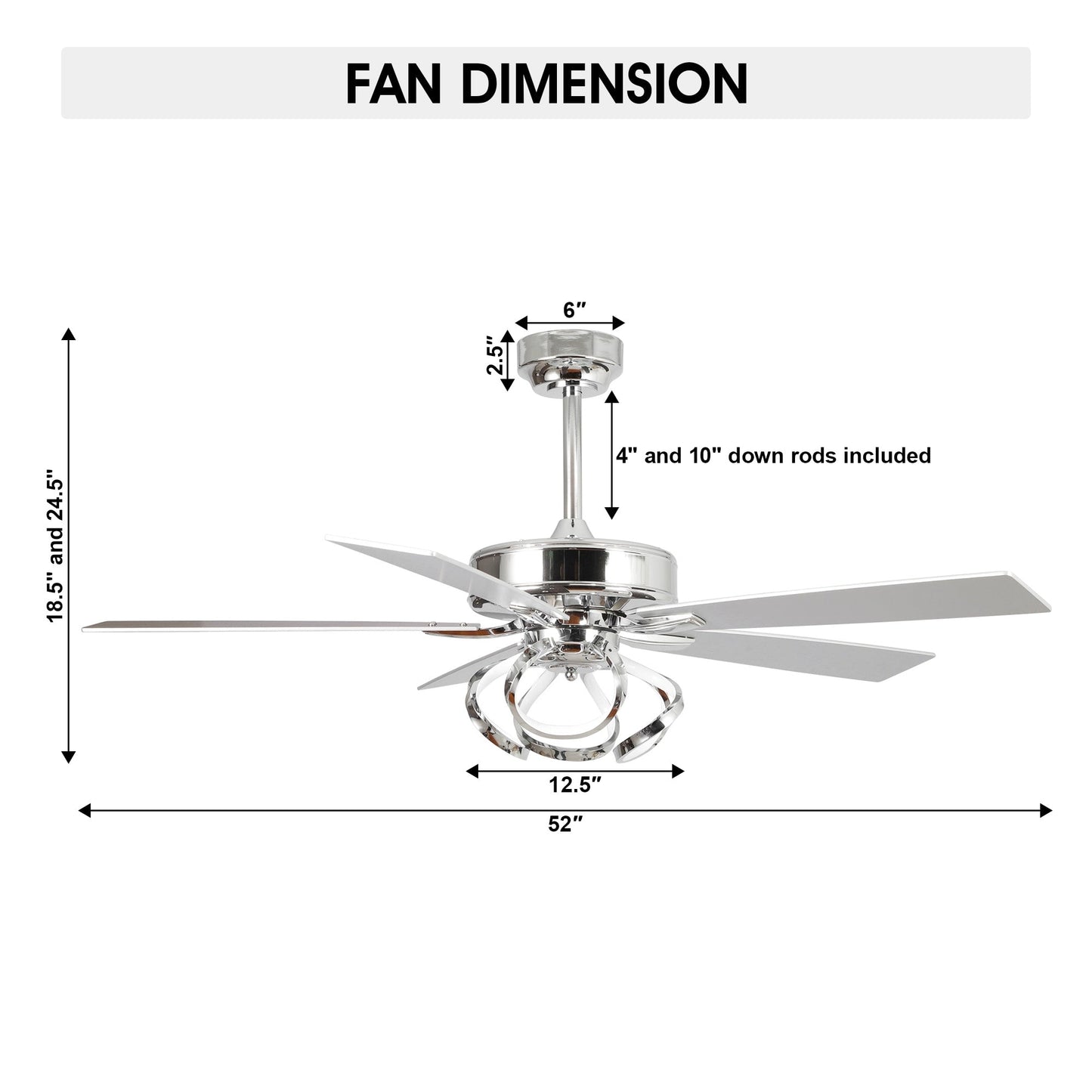Ventilateur de plafond LED intérieur moderne de 52 pouces à 52 cm, chromé/noir, avec éclairage et télécommande, intensité variable.