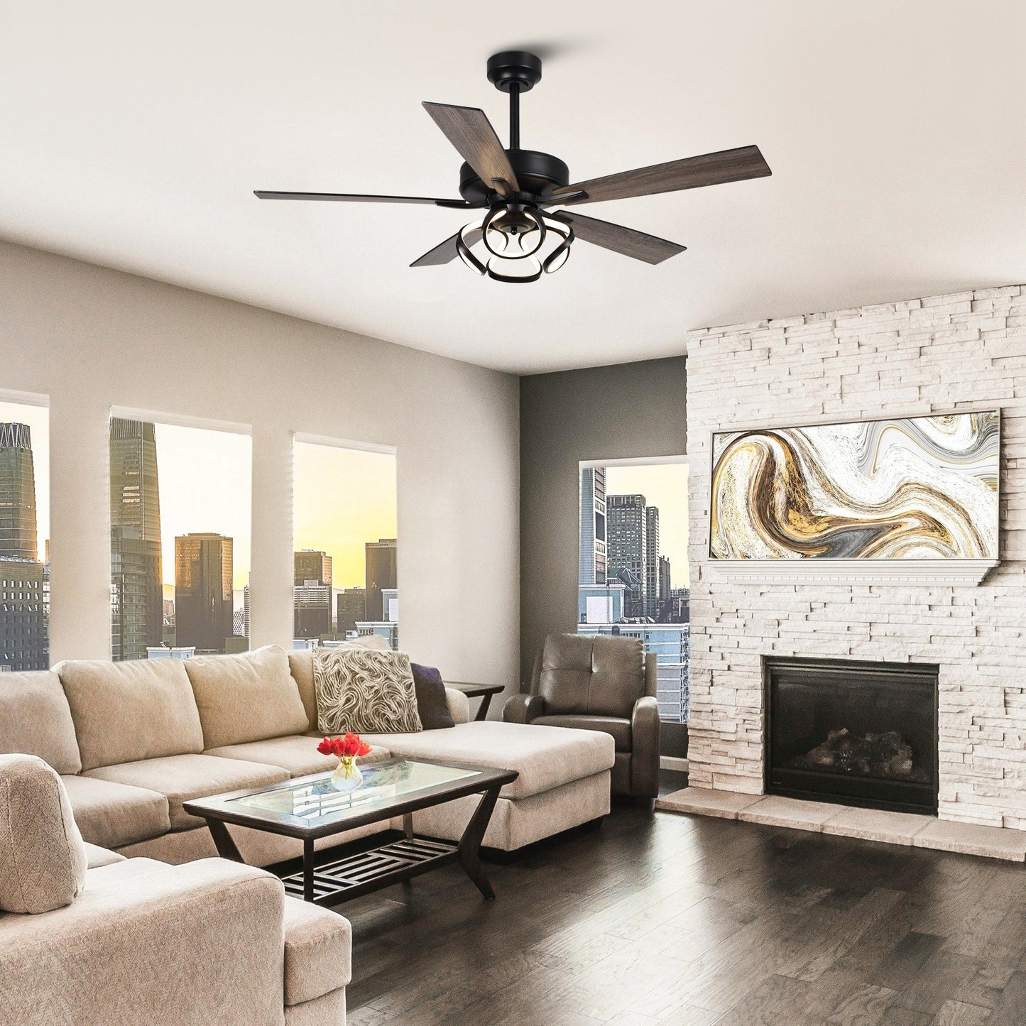Ventilateur de plafond LED intérieur moderne de 52 pouces à 52 cm, chromé/noir, avec éclairage et télécommande, intensité variable.