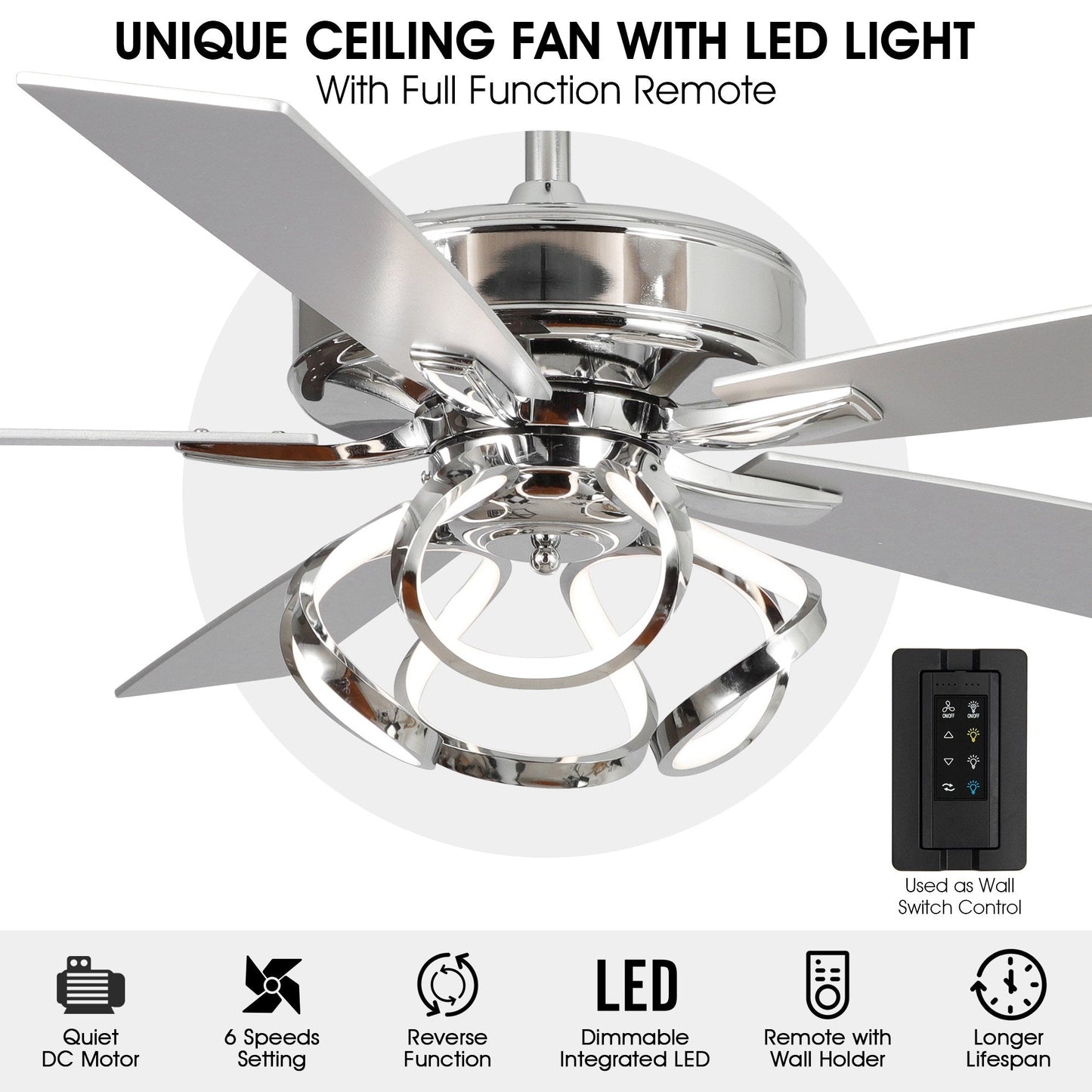 Ventilateur de plafond LED intérieur moderne de 52 pouces à 52 cm, chromé/noir, avec éclairage et télécommande, intensité variable.