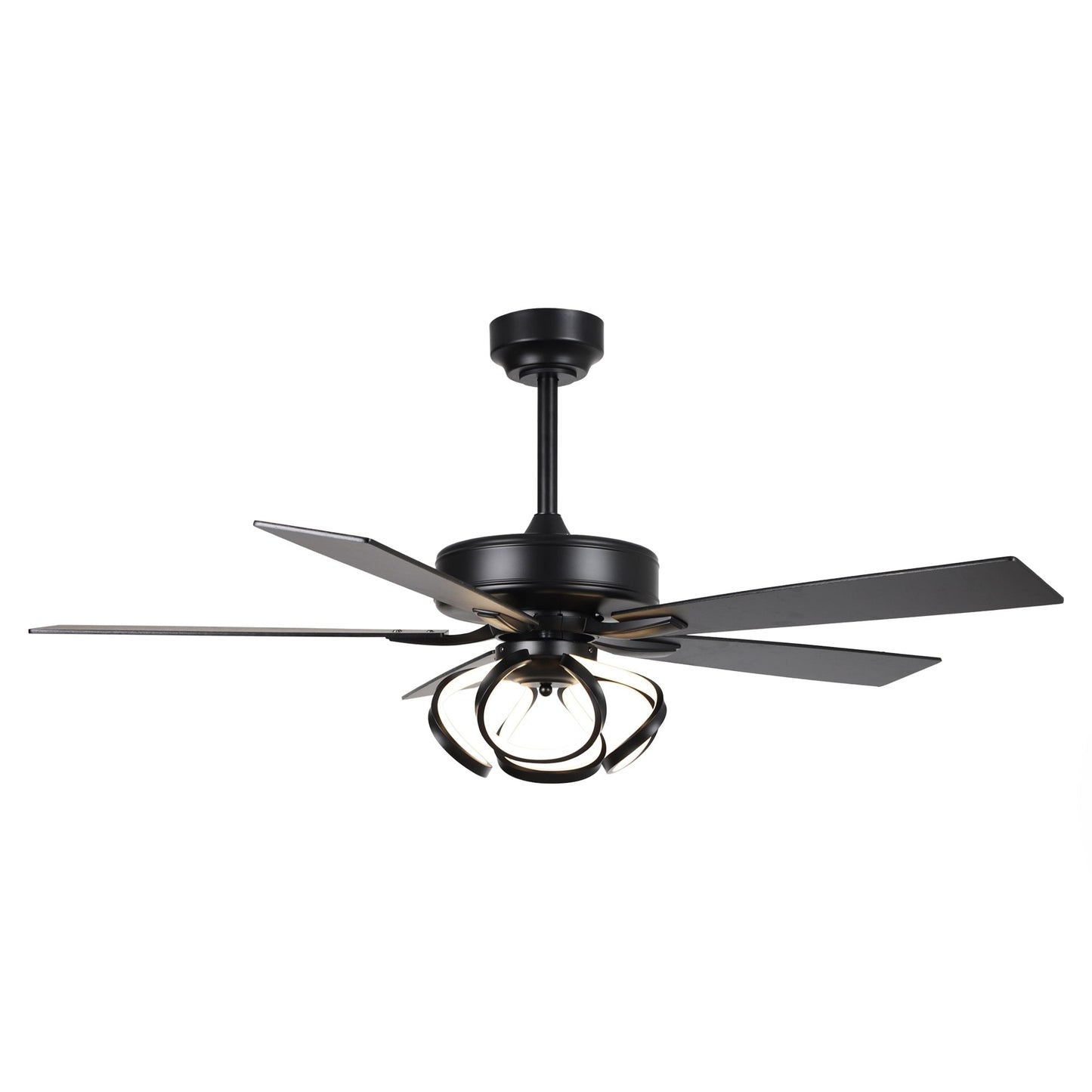 Ventilateur de plafond LED intérieur moderne de 52 pouces à 52 cm, chromé/noir, avec éclairage et télécommande, intensité variable.