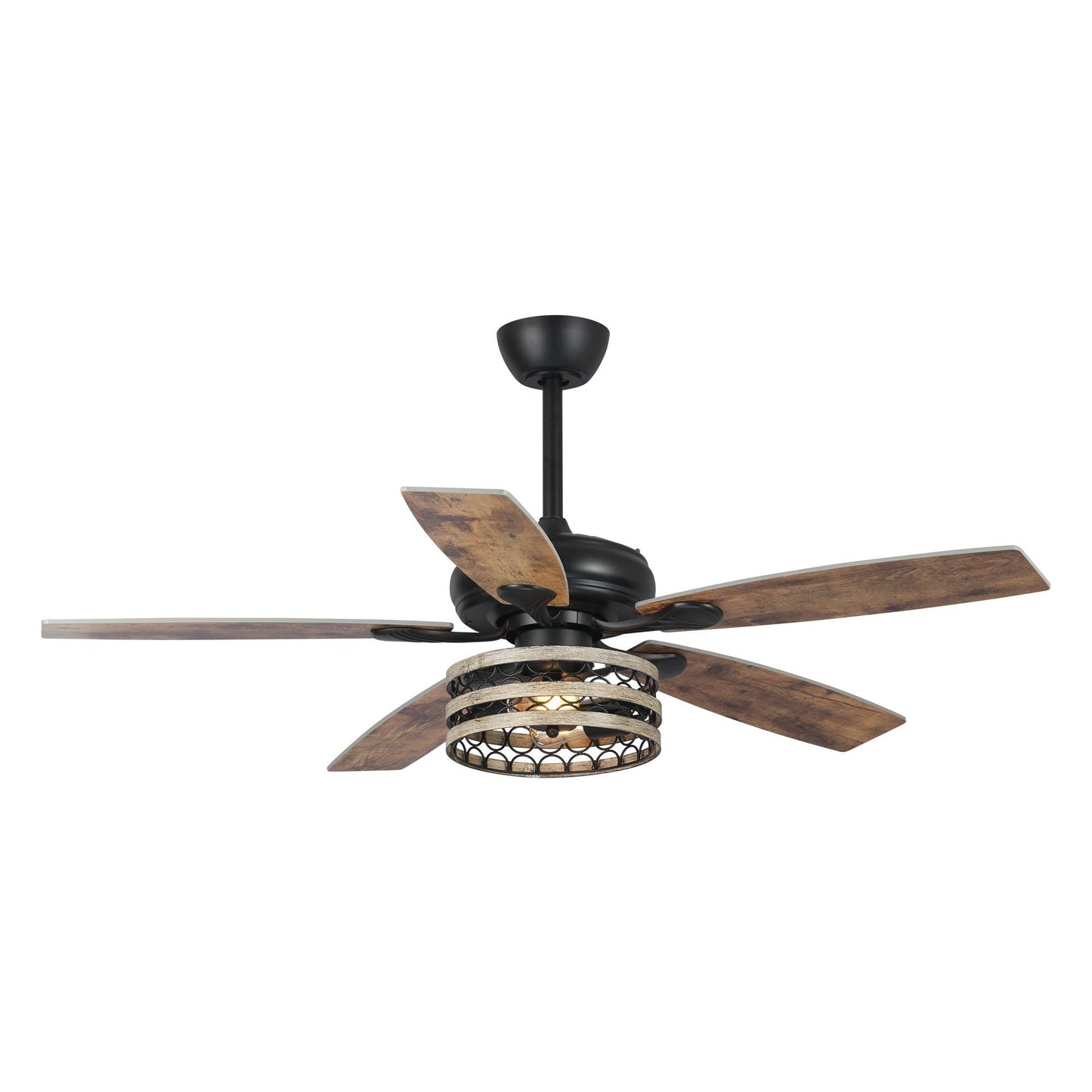 Ventilateur de plafond à 5 pales en bois flotté style farmhouse, avec cage noire et télécommande.