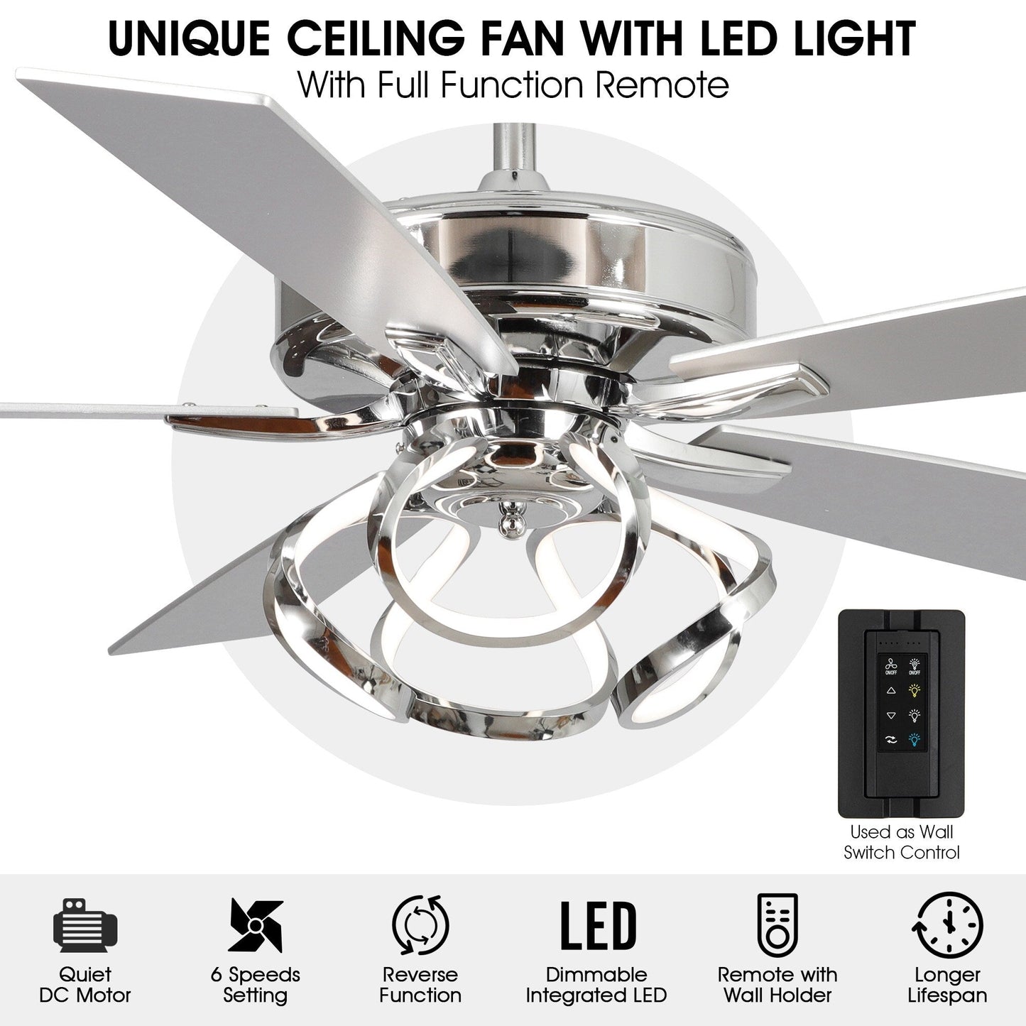 Ventilateur de plafond LED intérieur moderne de 52 pouces à 52 cm, chromé/noir, avec éclairage et télécommande, intensité variable.
