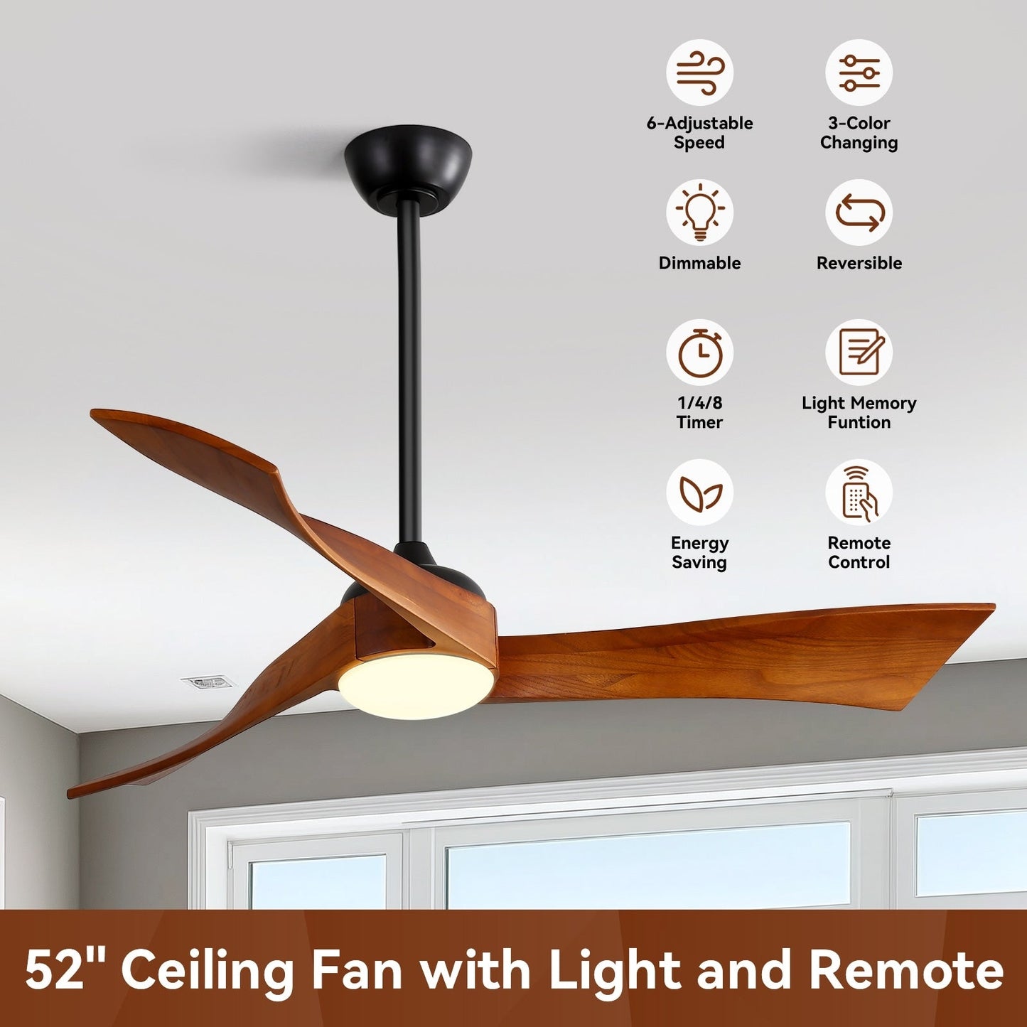Ventilateur de plafond à 52 pouces avec 3 pales en bois, éclairage LED à intensité variable et télécommande, moteur DC réversible à 6 vitesses.