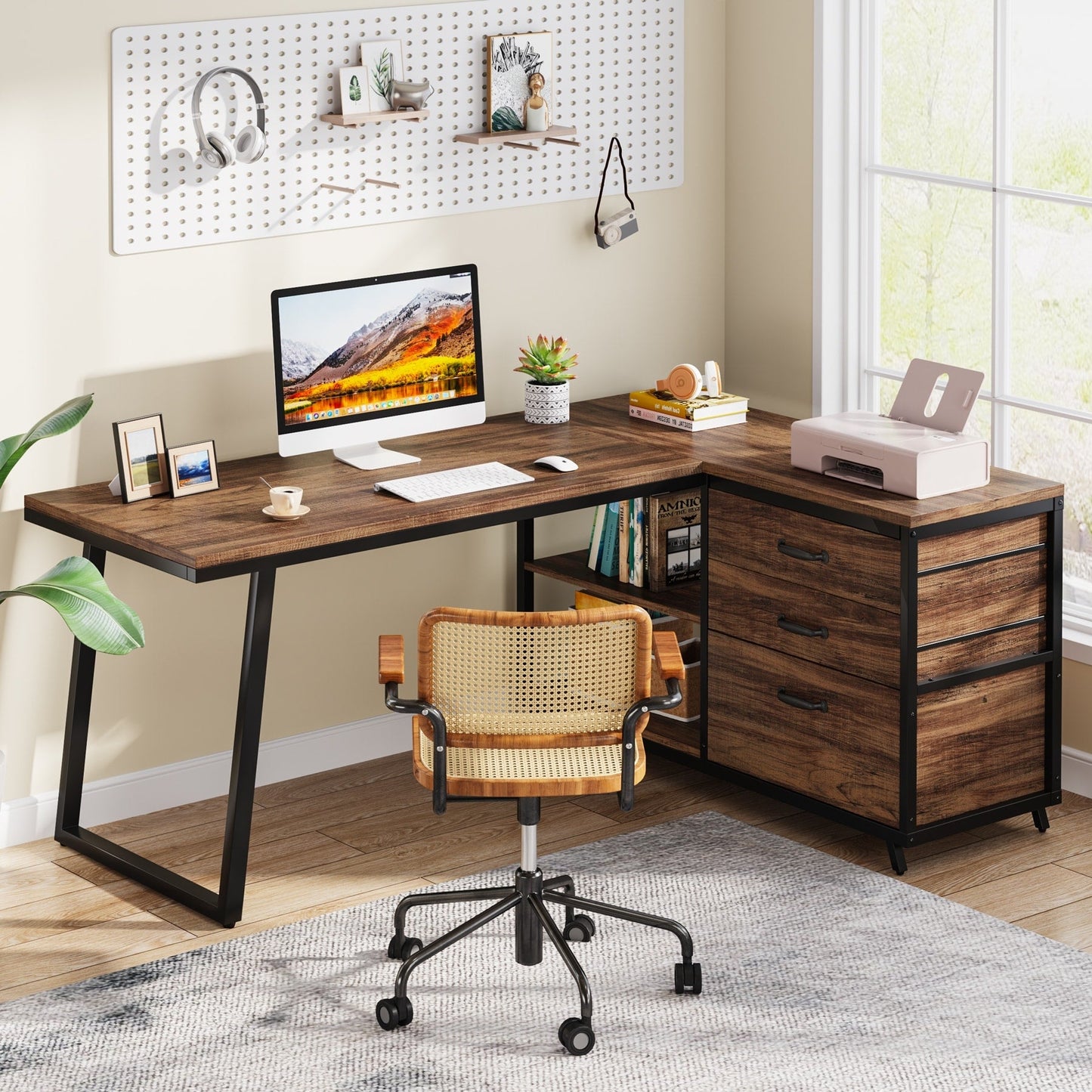 Bureau en forme de L réversible avec tiroirs à dossiers, bureau d'ordinateur d'angle