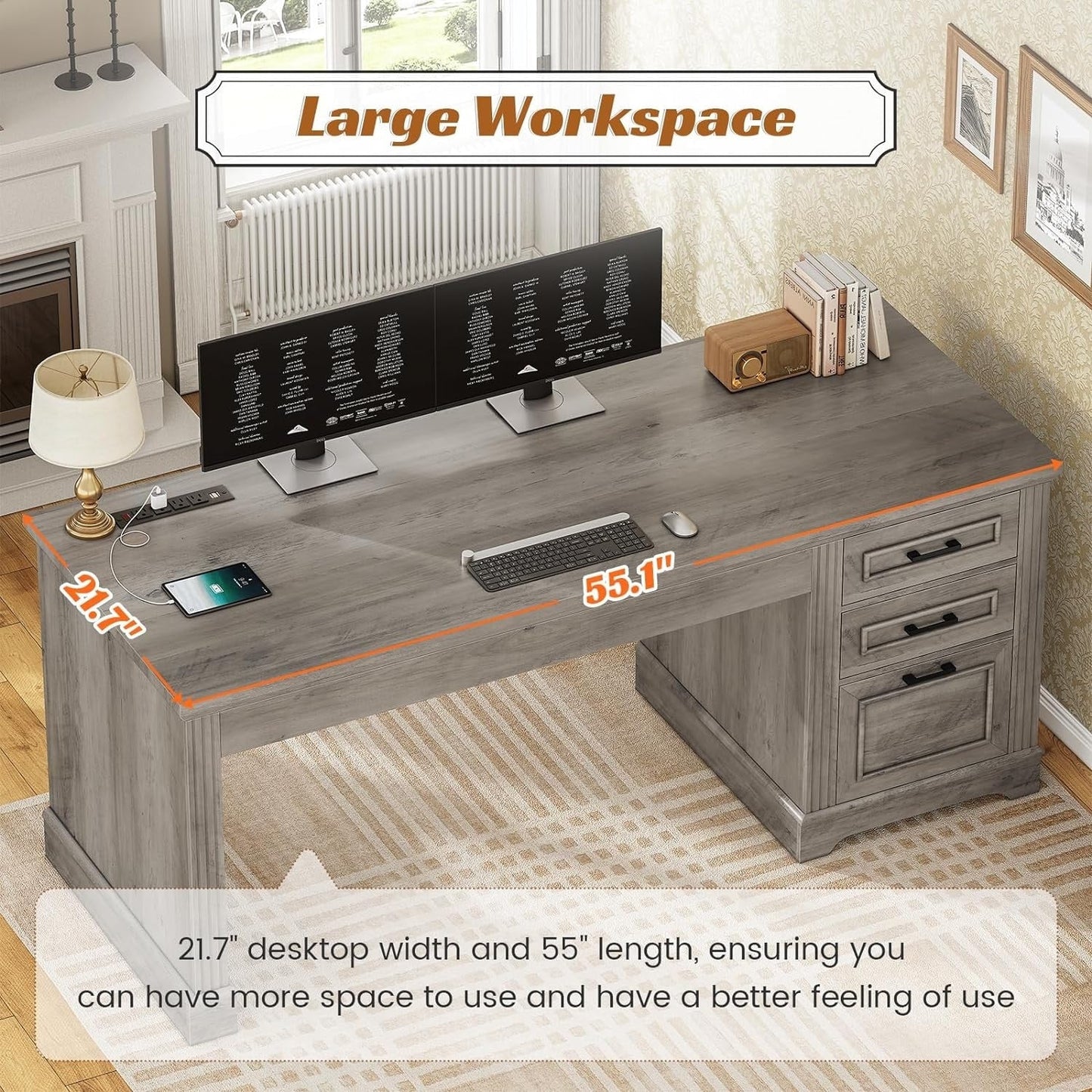 Bureau de direction style farmhouse, bureau de travail à domicile, avec tiroir à dossiers, support pour écran et prise de courant.