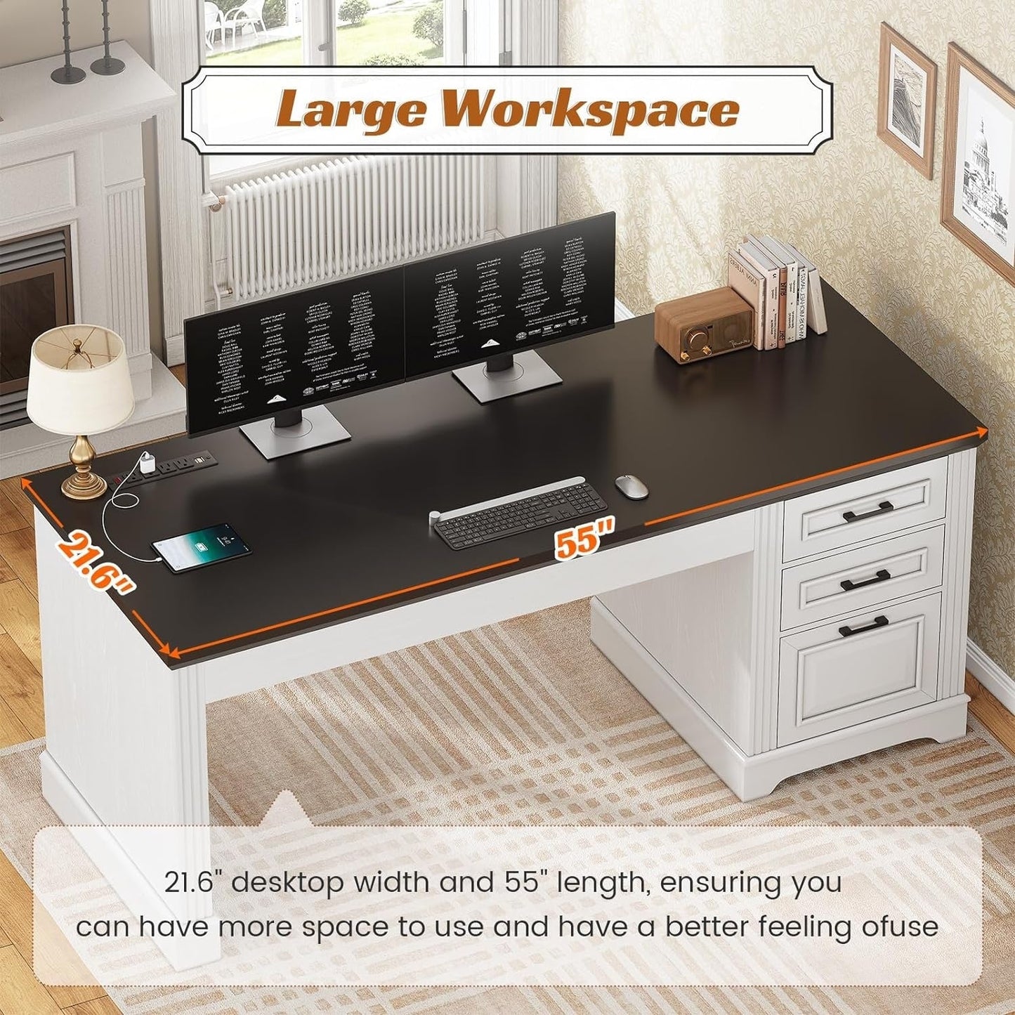 Bureau de direction style farmhouse, bureau de travail à domicile, avec tiroir à dossiers, support pour écran et prise de courant.