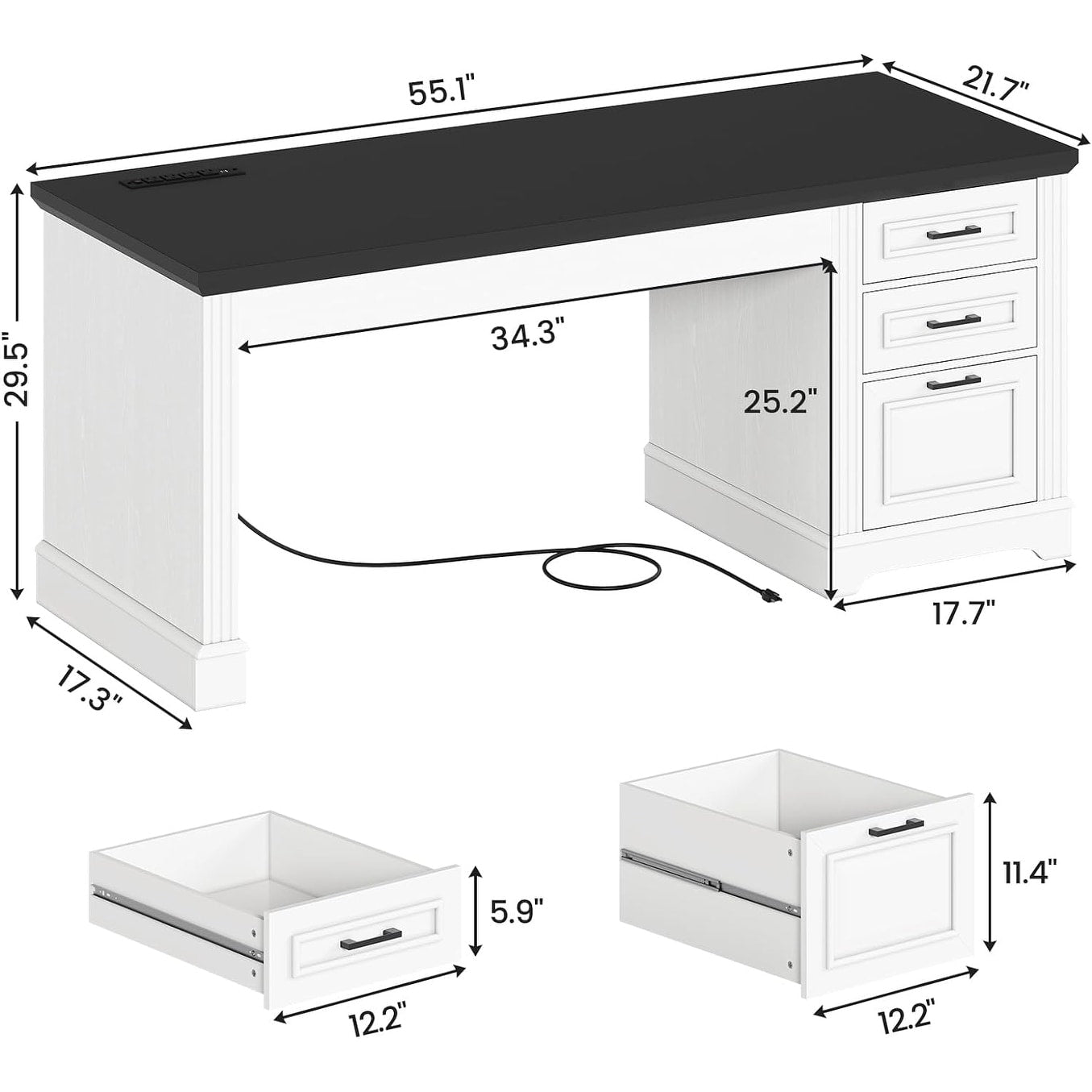 Bureau de direction style farmhouse, bureau de travail à domicile, avec tiroir à dossiers, support pour écran et prise de courant.