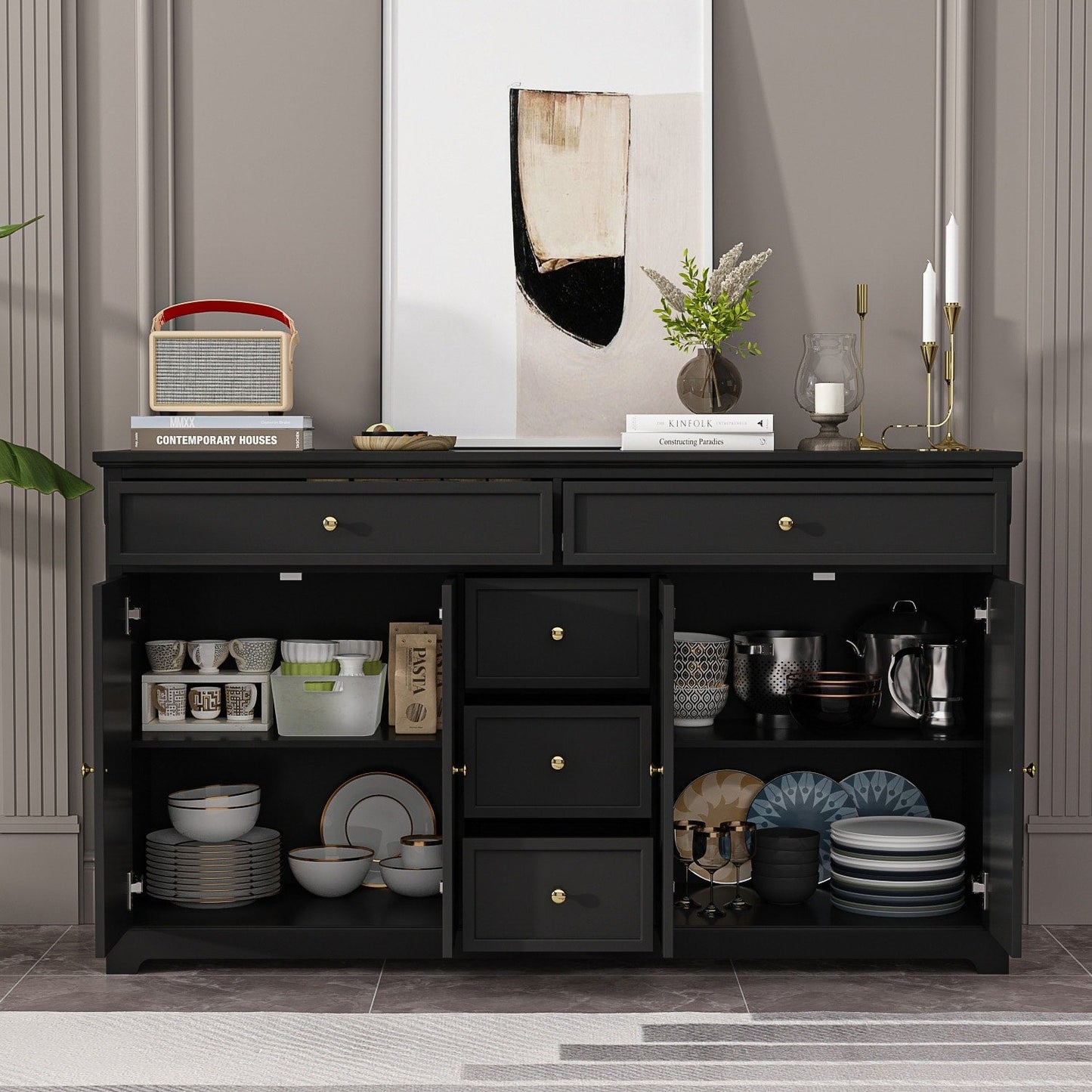 Buffet de rangement blanc laqué, style moderne contemporain du milieu du siècle, 59,1 pouces
