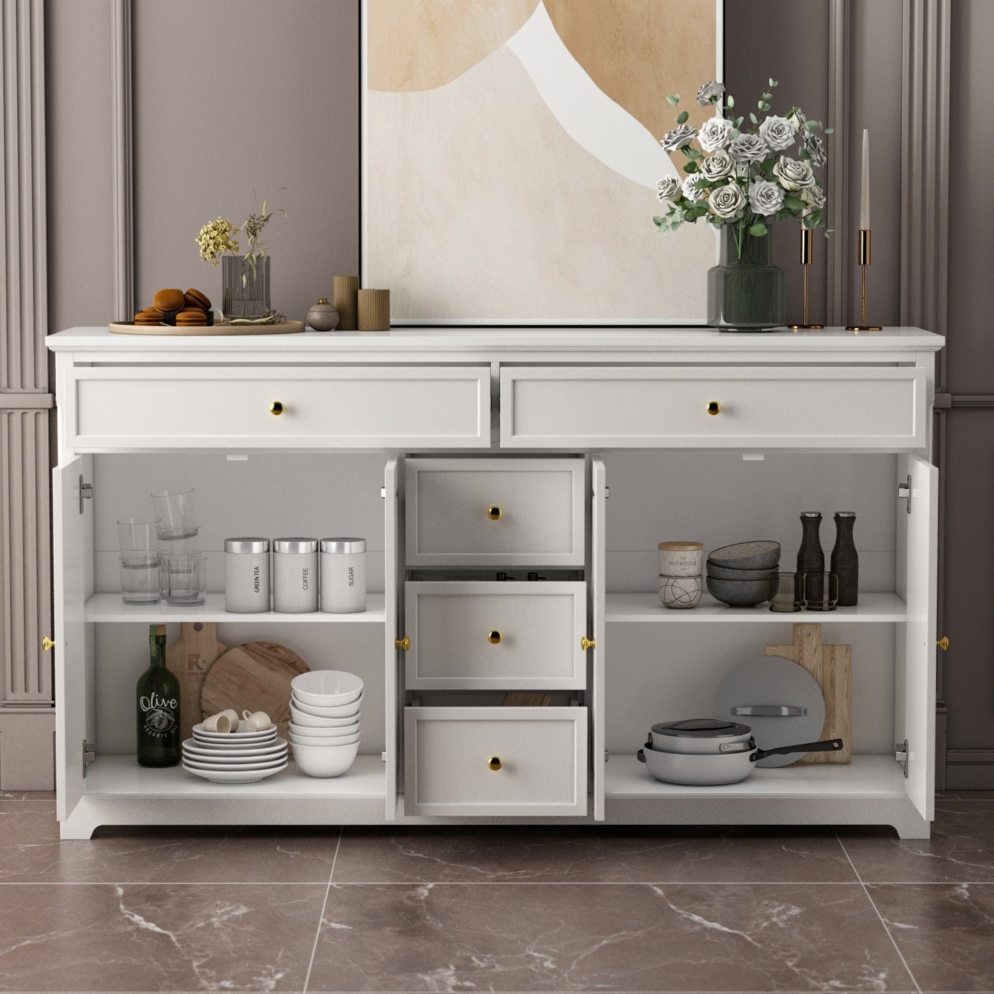 Buffet de rangement blanc laqué, style moderne contemporain du milieu du siècle, 59,1 pouces