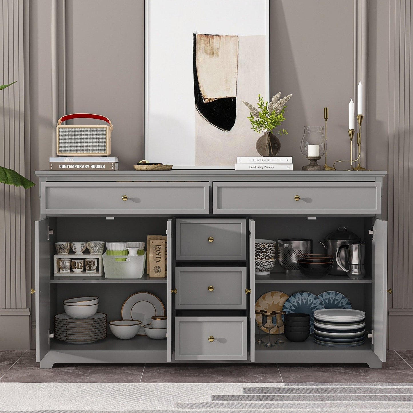Buffet de rangement blanc laqué, style moderne contemporain du milieu du siècle, 59,1 pouces