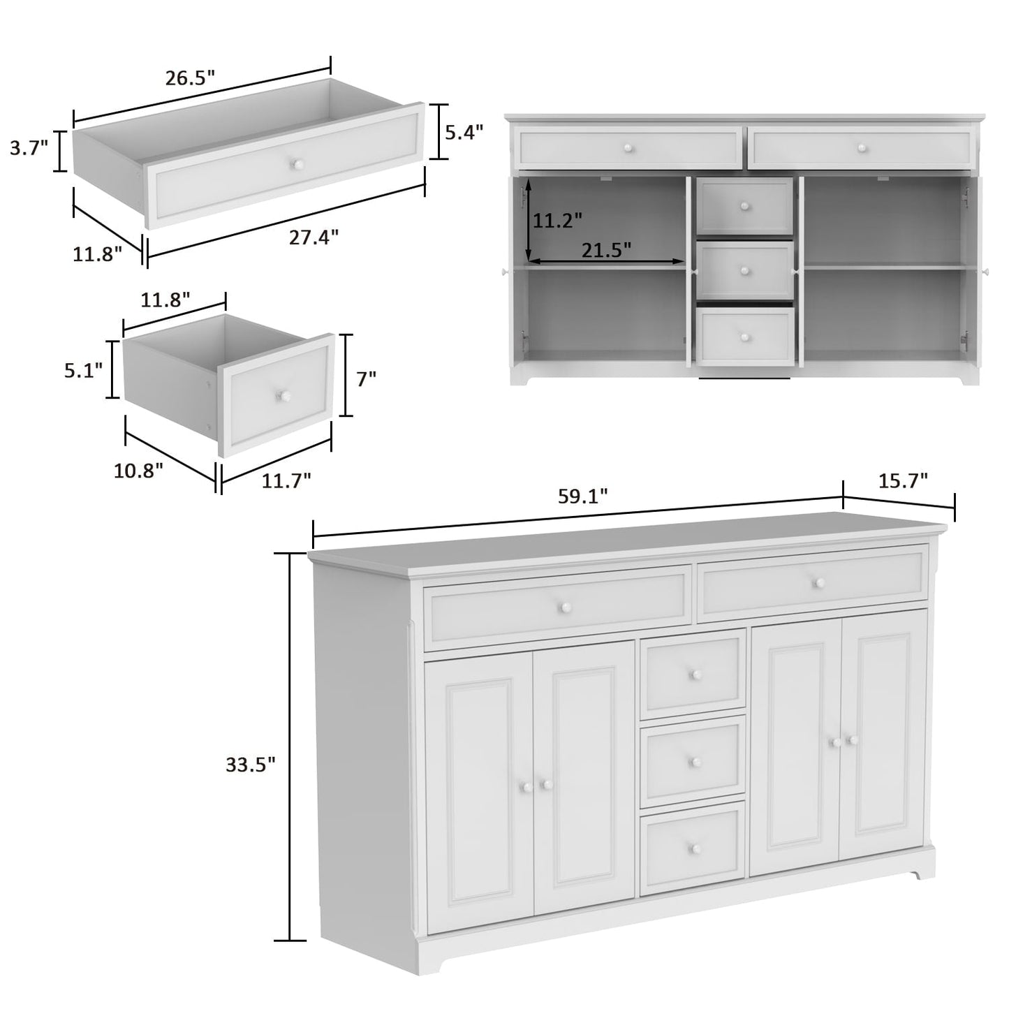 Buffet de rangement blanc laqué, style moderne contemporain du milieu du siècle, 59,1 pouces