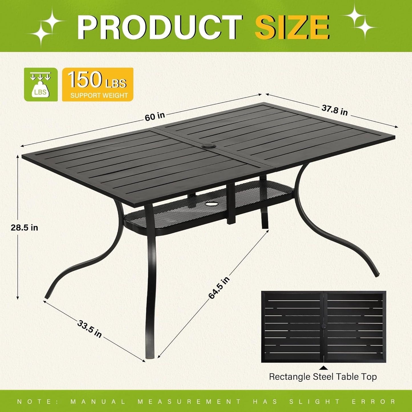 Table rectangulaire de salle à manger en métal à lattes pour extérieur, avec trou pour parasol, 60 x 37 pouces, pour 6 personnes