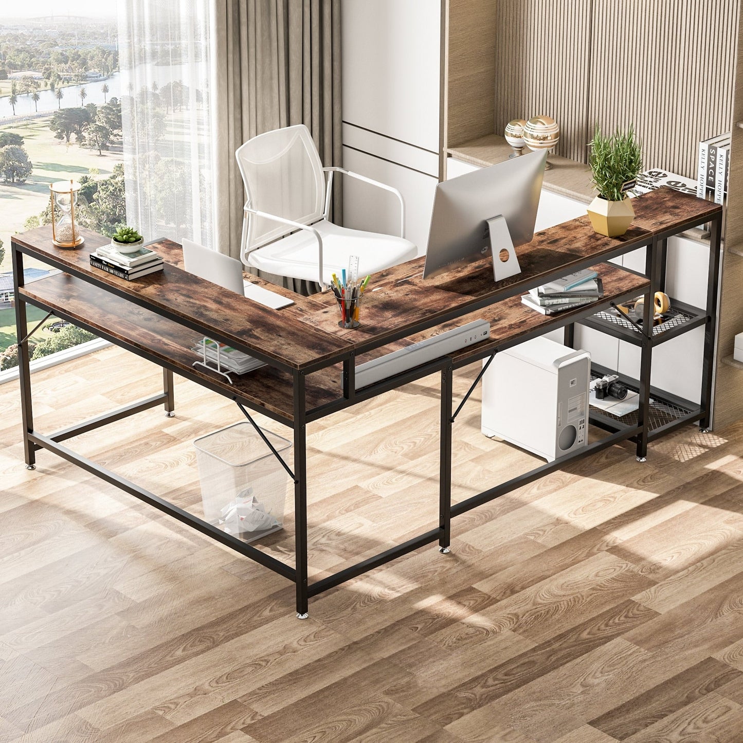 Bureau en forme de L avec étagère pour écran, bureau d'ordinateur d'angle réversible pour bureau à domicile 69