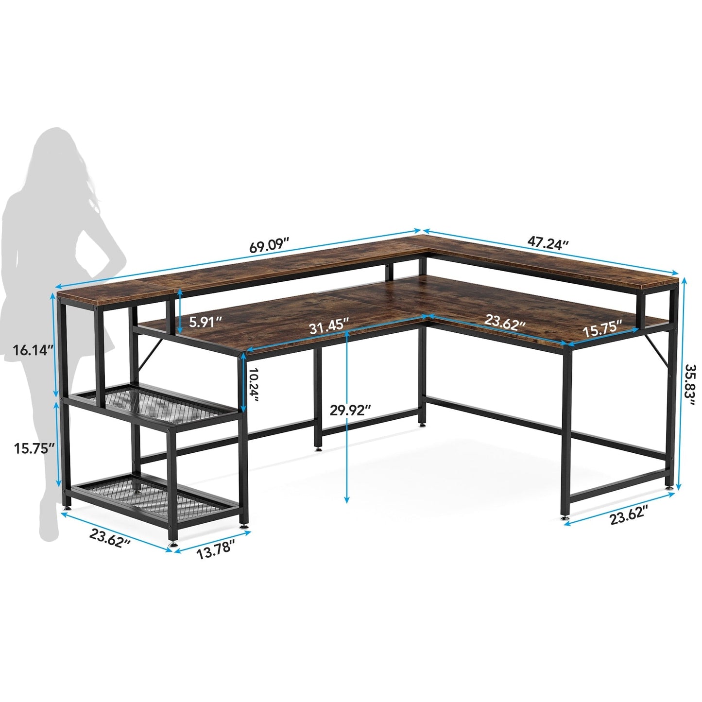 Bureau en forme de L avec étagère pour écran, bureau d'ordinateur d'angle réversible pour bureau à domicile 69