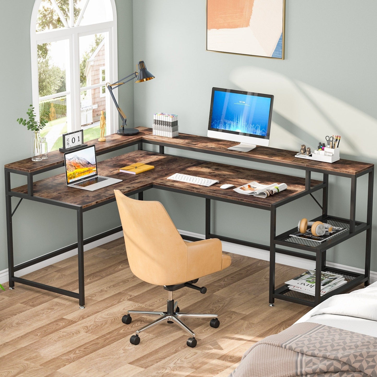 Bureau en forme de L avec étagère pour écran, bureau d'ordinateur d'angle réversible pour bureau à domicile 69