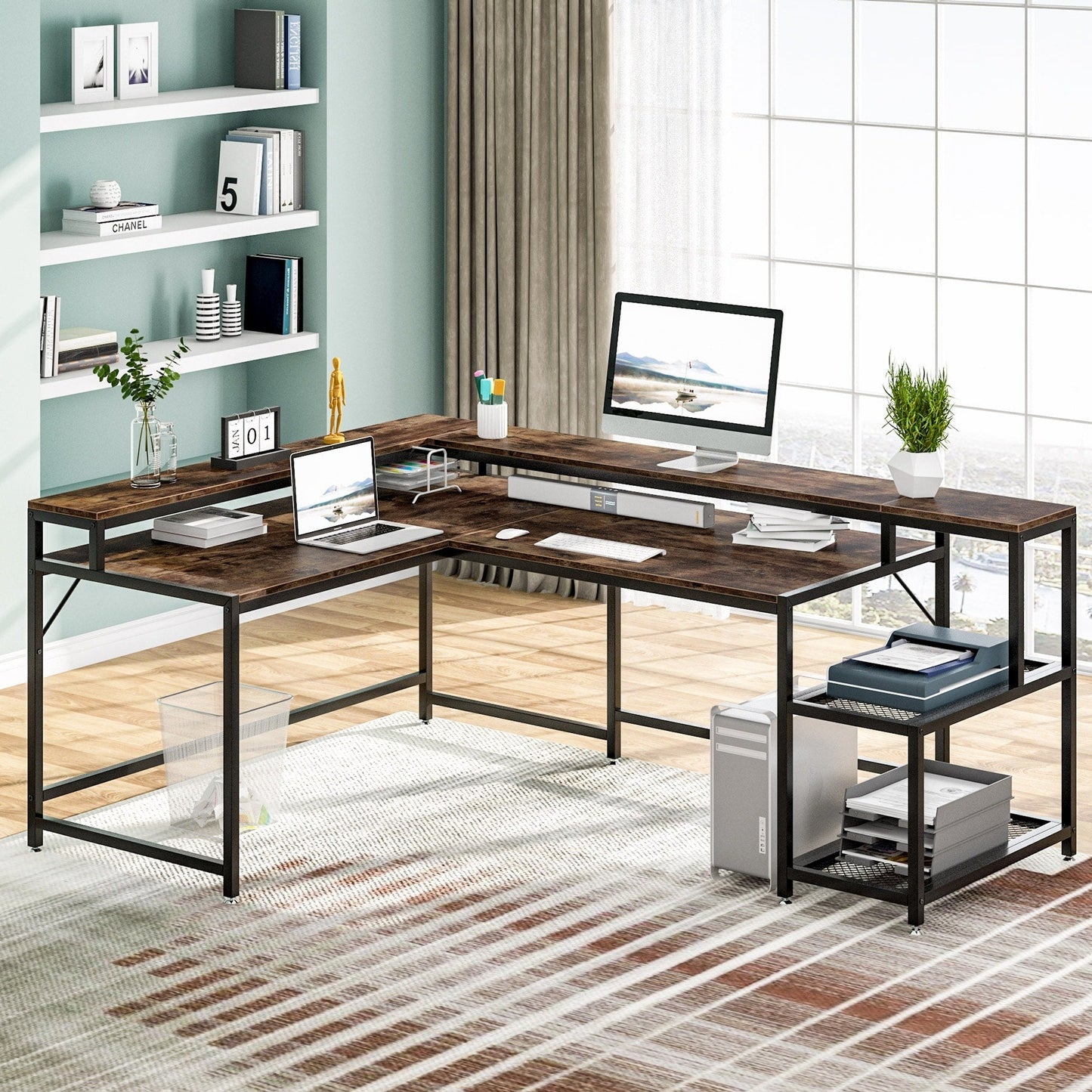Bureau en forme de L avec étagère pour écran, bureau d'ordinateur d'angle réversible pour bureau à domicile 69