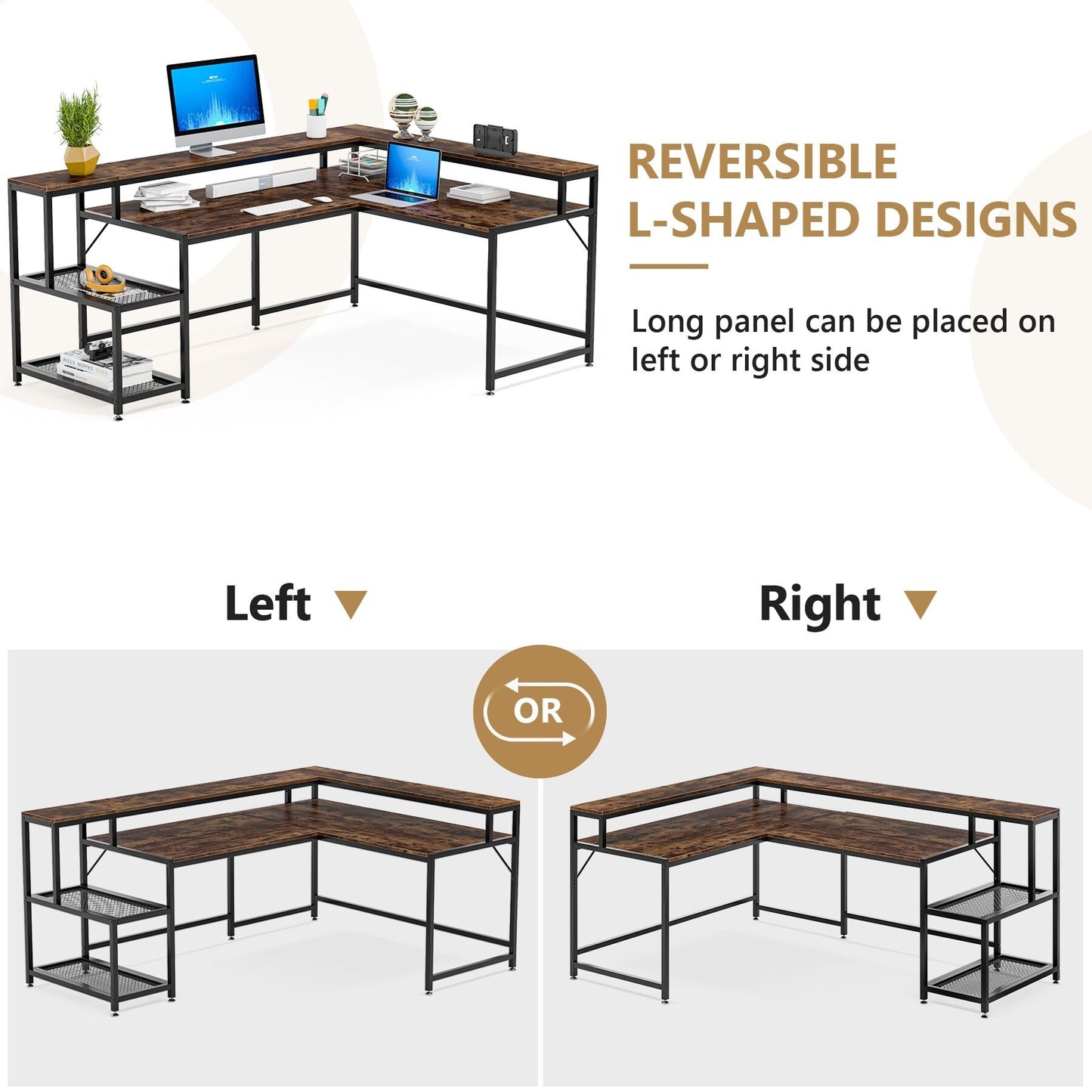 Bureau en forme de L avec étagère pour écran, bureau d'ordinateur d'angle réversible pour bureau à domicile 69