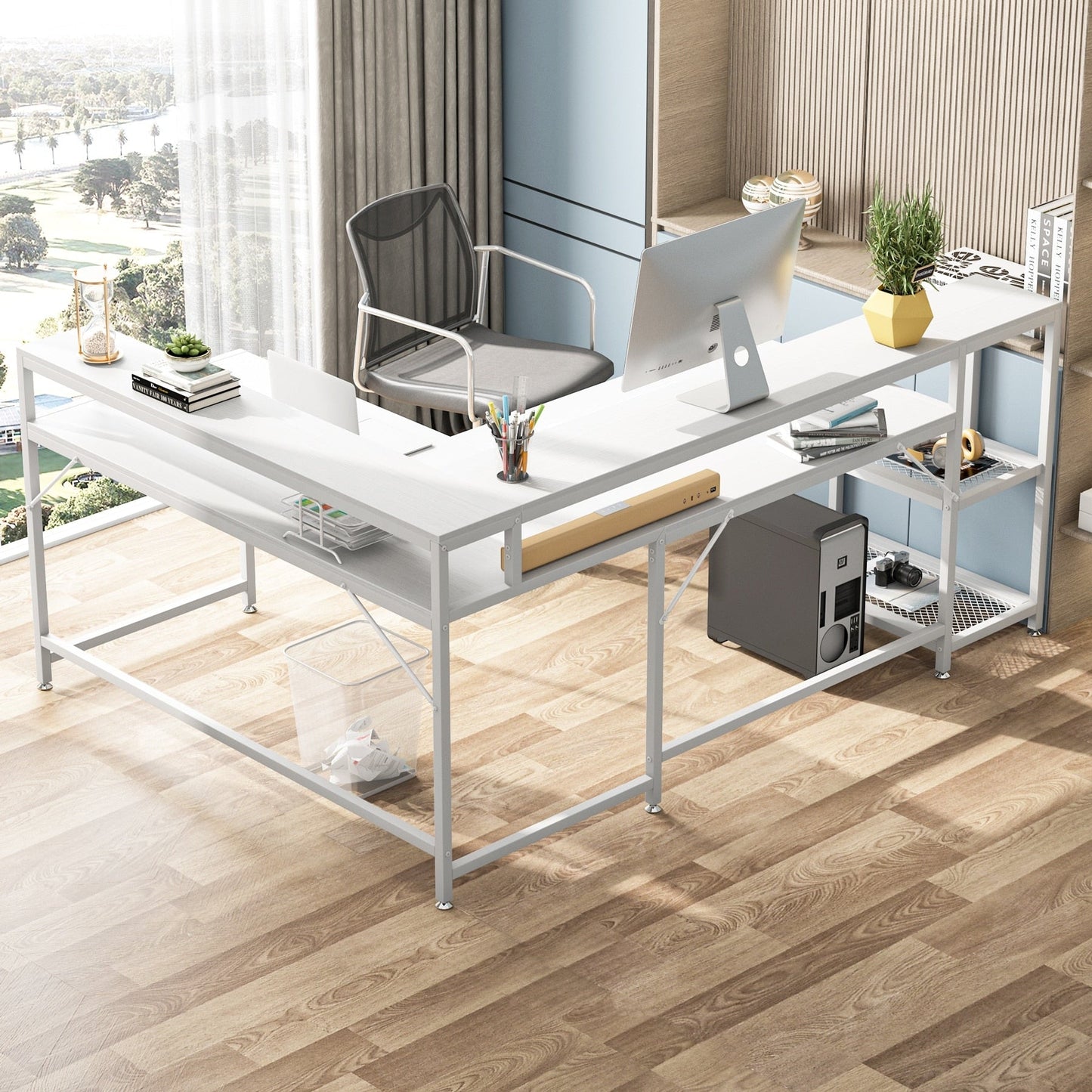 Bureau en forme de L avec étagère pour écran, bureau d'ordinateur d'angle réversible pour bureau à domicile 69