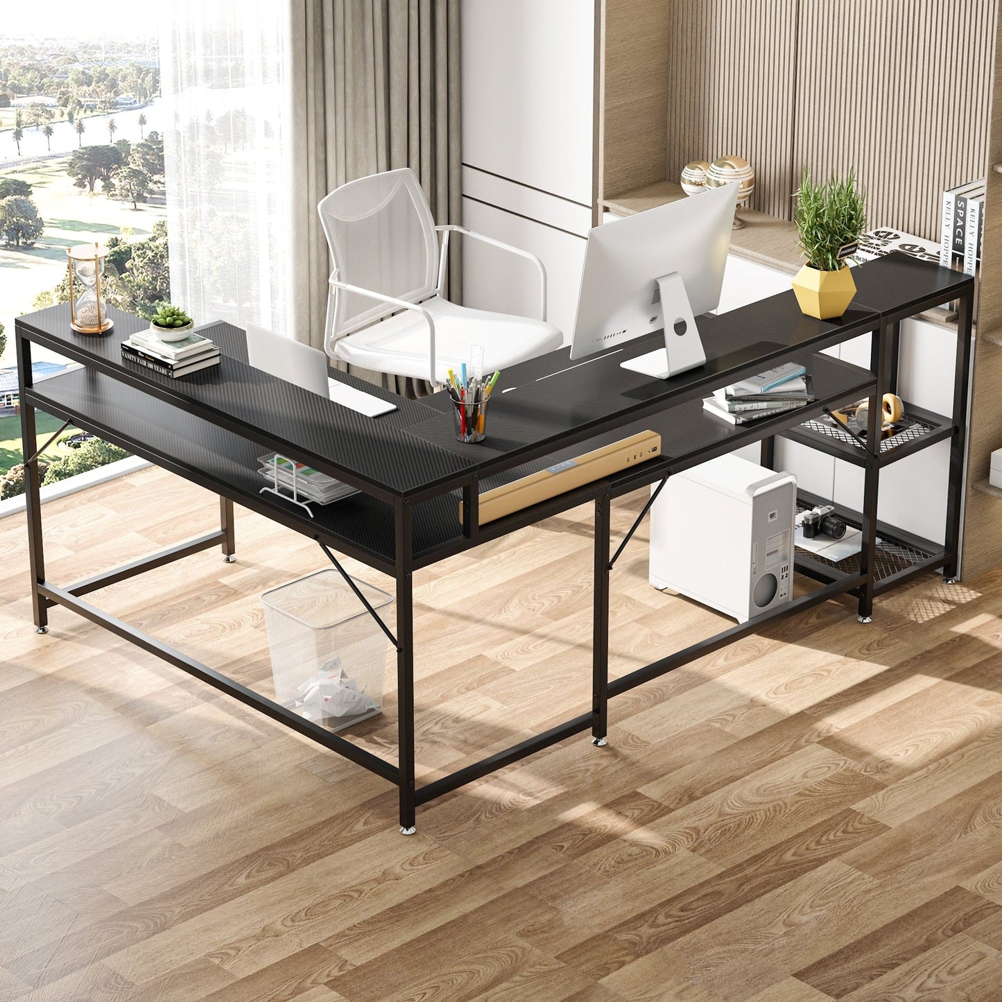 Bureau en forme de L avec étagère pour écran, bureau d'ordinateur d'angle réversible pour bureau à domicile 69