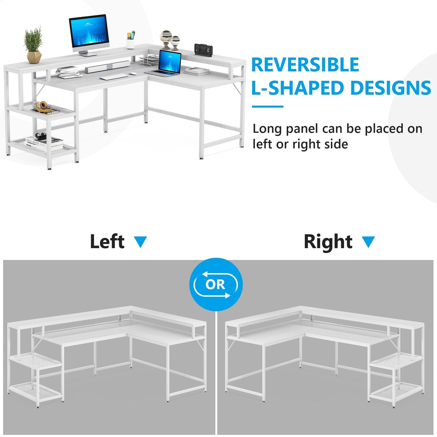 Bureau en forme de L avec étagère pour écran, bureau d'ordinateur d'angle réversible pour bureau à domicile 69