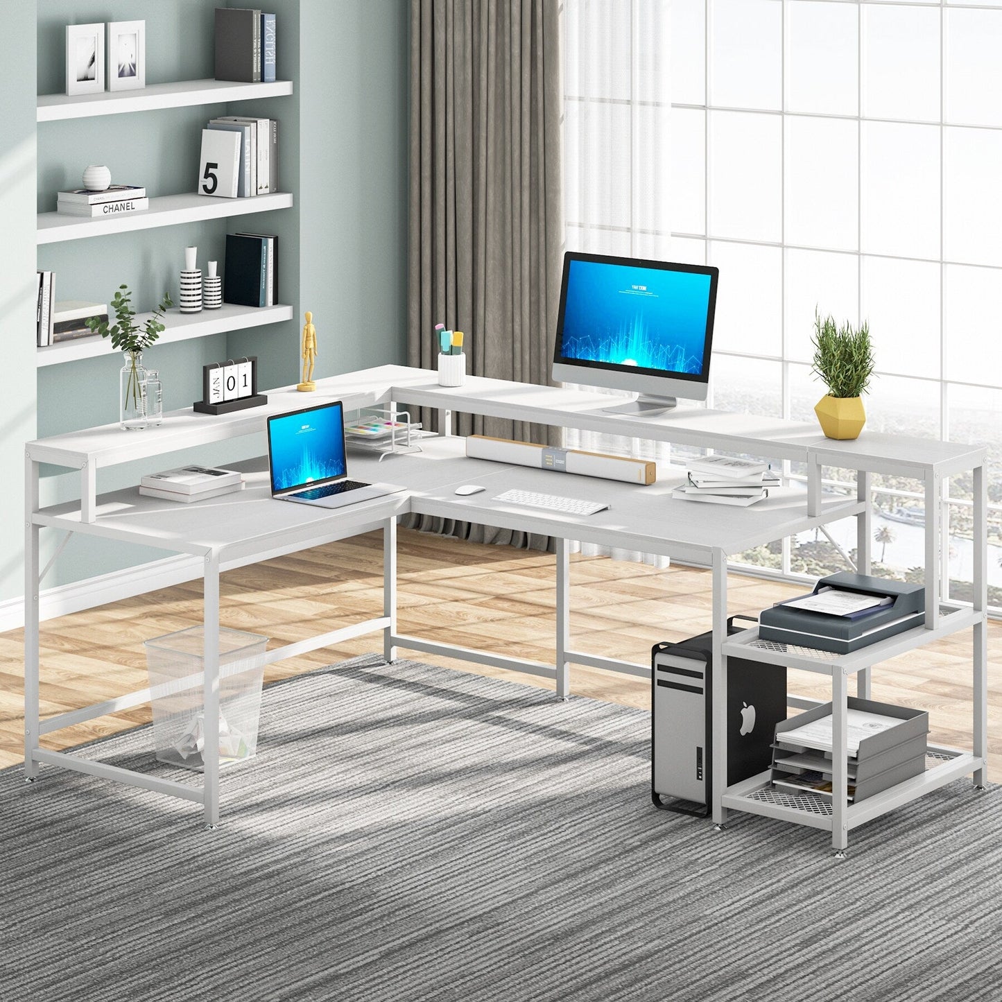 Bureau en forme de L avec étagère pour écran, bureau d'ordinateur d'angle réversible pour bureau à domicile 69