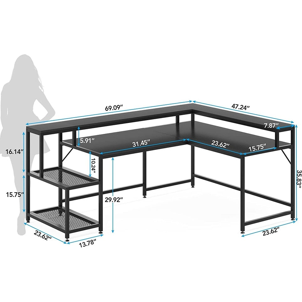 Bureau en forme de L avec étagère pour écran, bureau d'ordinateur d'angle réversible pour bureau à domicile 69