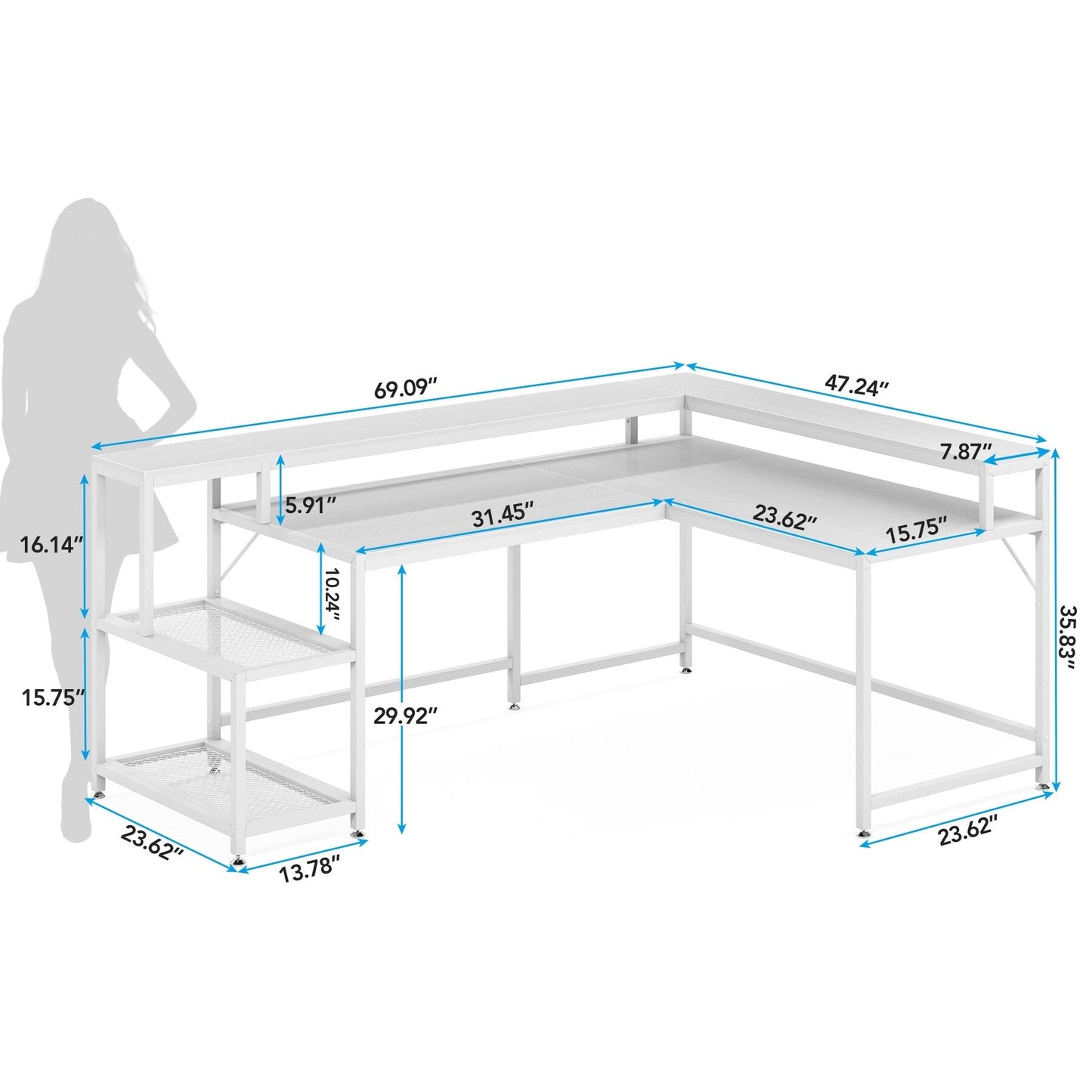 Bureau en forme de L avec étagère pour écran, bureau d'ordinateur d'angle réversible pour bureau à domicile 69
