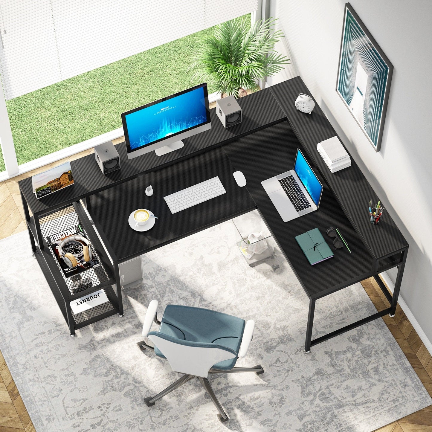 Bureau en forme de L avec étagère pour écran, bureau d'ordinateur d'angle réversible pour bureau à domicile 69
