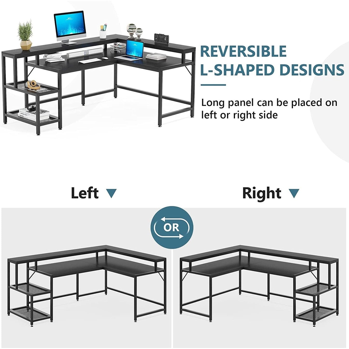 Bureau en forme de L avec étagère pour écran, bureau d'ordinateur d'angle réversible pour bureau à domicile 69