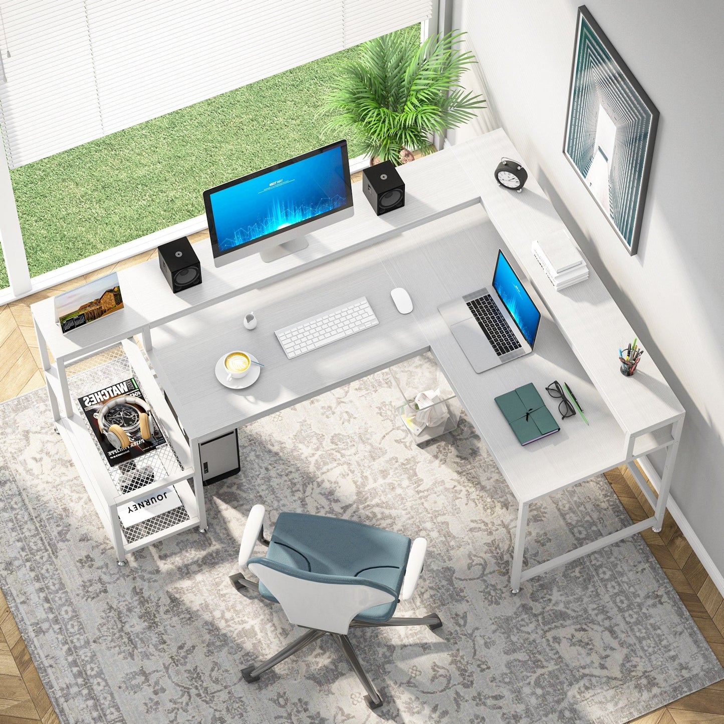 Bureau en forme de L avec étagère pour écran, bureau d'ordinateur d'angle réversible pour bureau à domicile 69