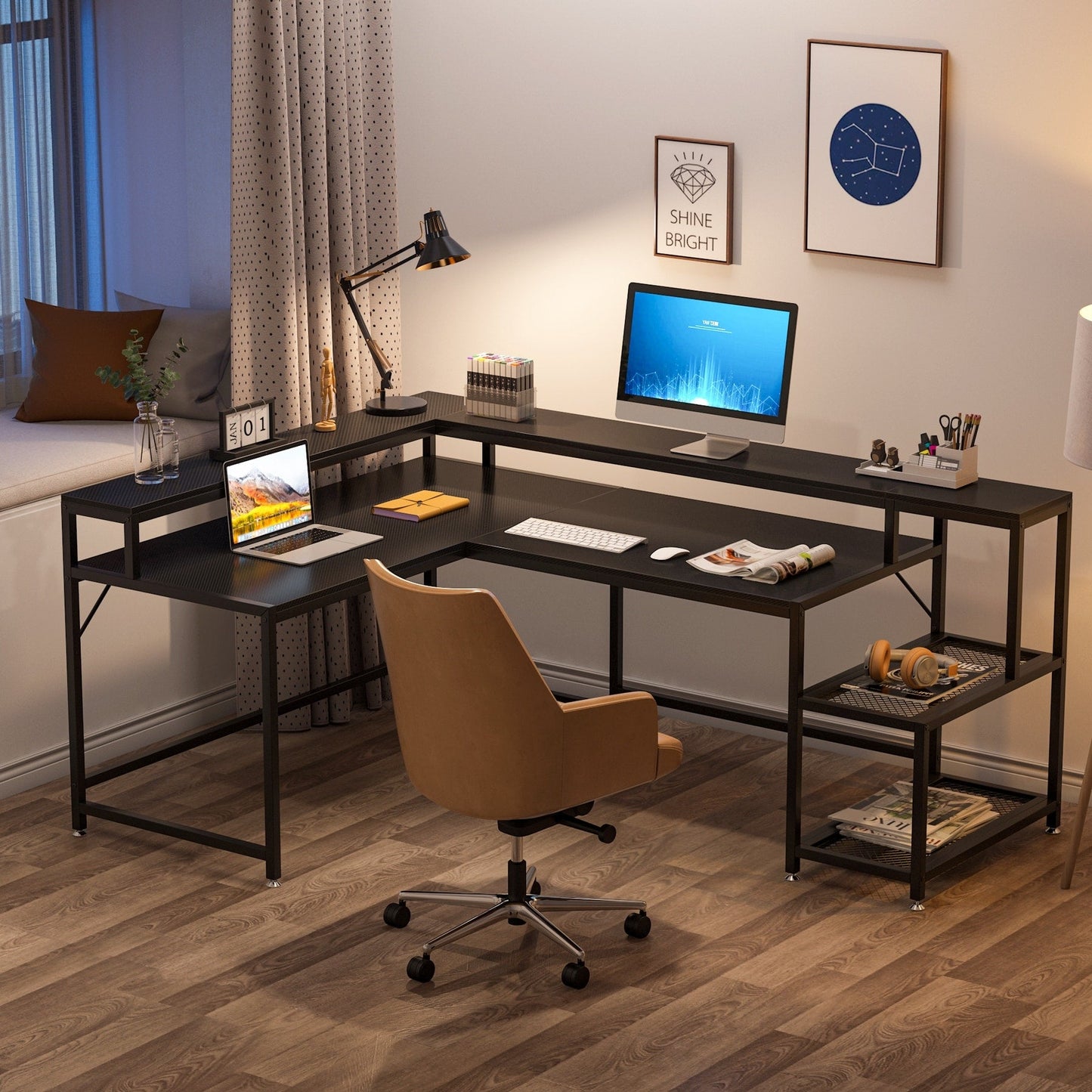 Bureau en forme de L avec étagère pour écran, bureau d'ordinateur d'angle réversible pour bureau à domicile 69