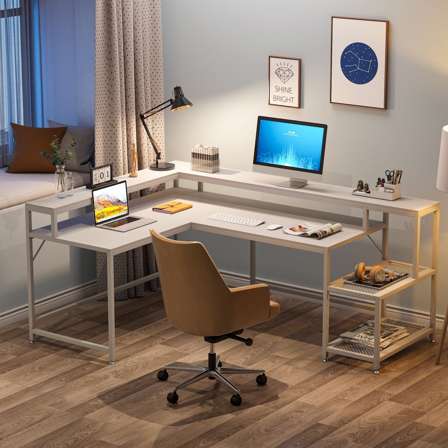 Bureau en forme de L avec étagère pour écran, bureau d'ordinateur d'angle réversible pour bureau à domicile 69