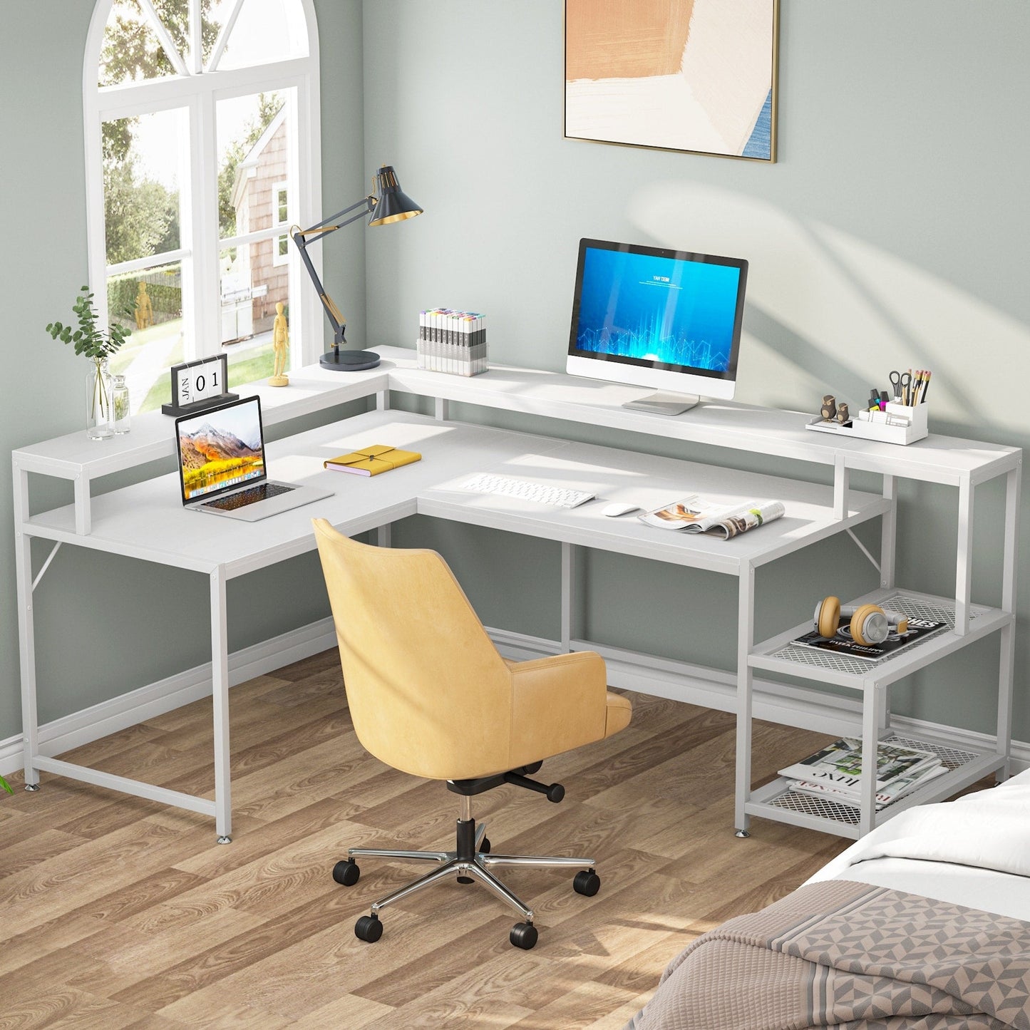 Bureau en forme de L avec étagère pour écran, bureau d'ordinateur d'angle réversible pour bureau à domicile 69