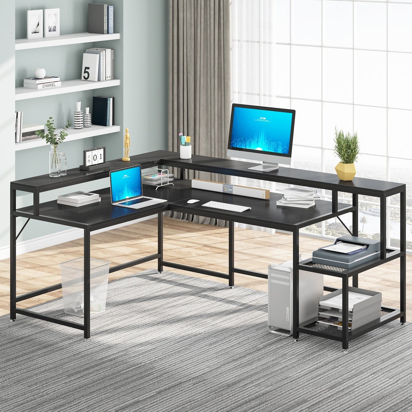 Bureau en forme de L avec étagère pour écran, bureau d'ordinateur d'angle réversible pour bureau à domicile 69