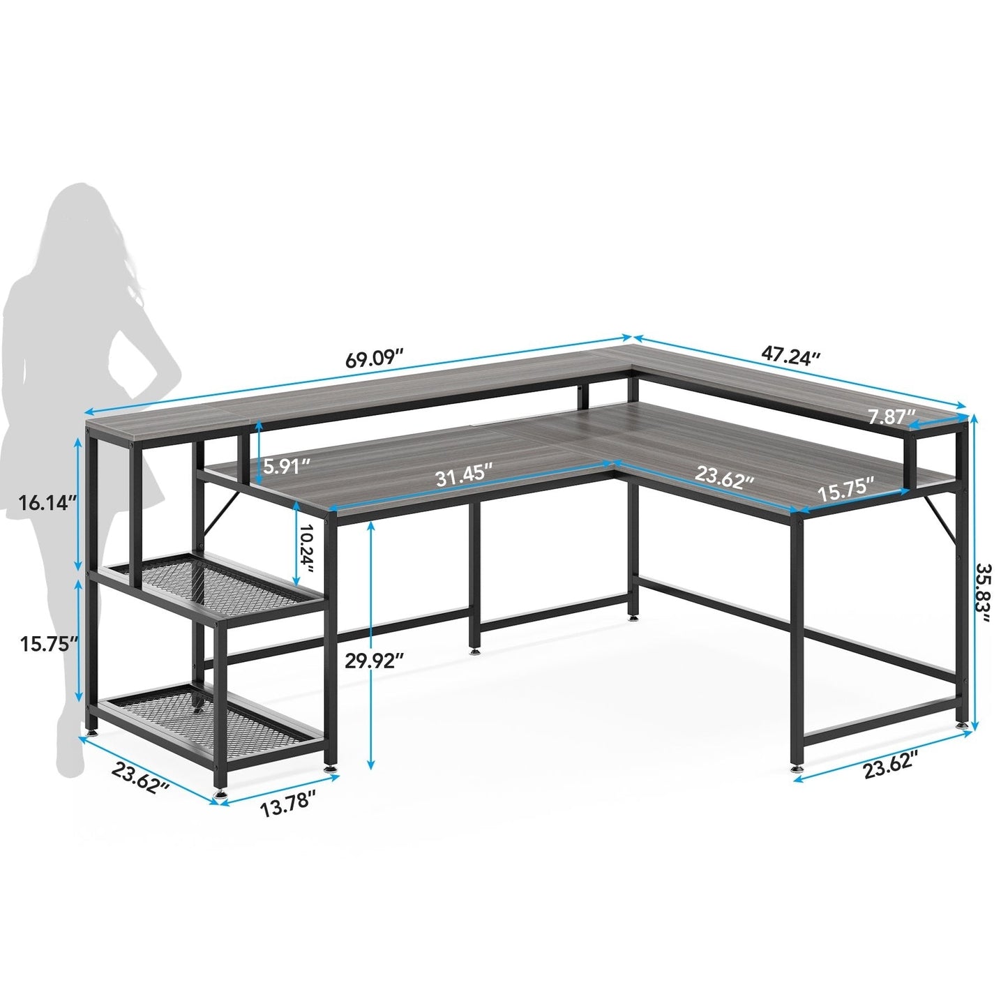 Bureau en forme de L avec étagère pour écran, bureau d'ordinateur d'angle réversible pour bureau à domicile 69