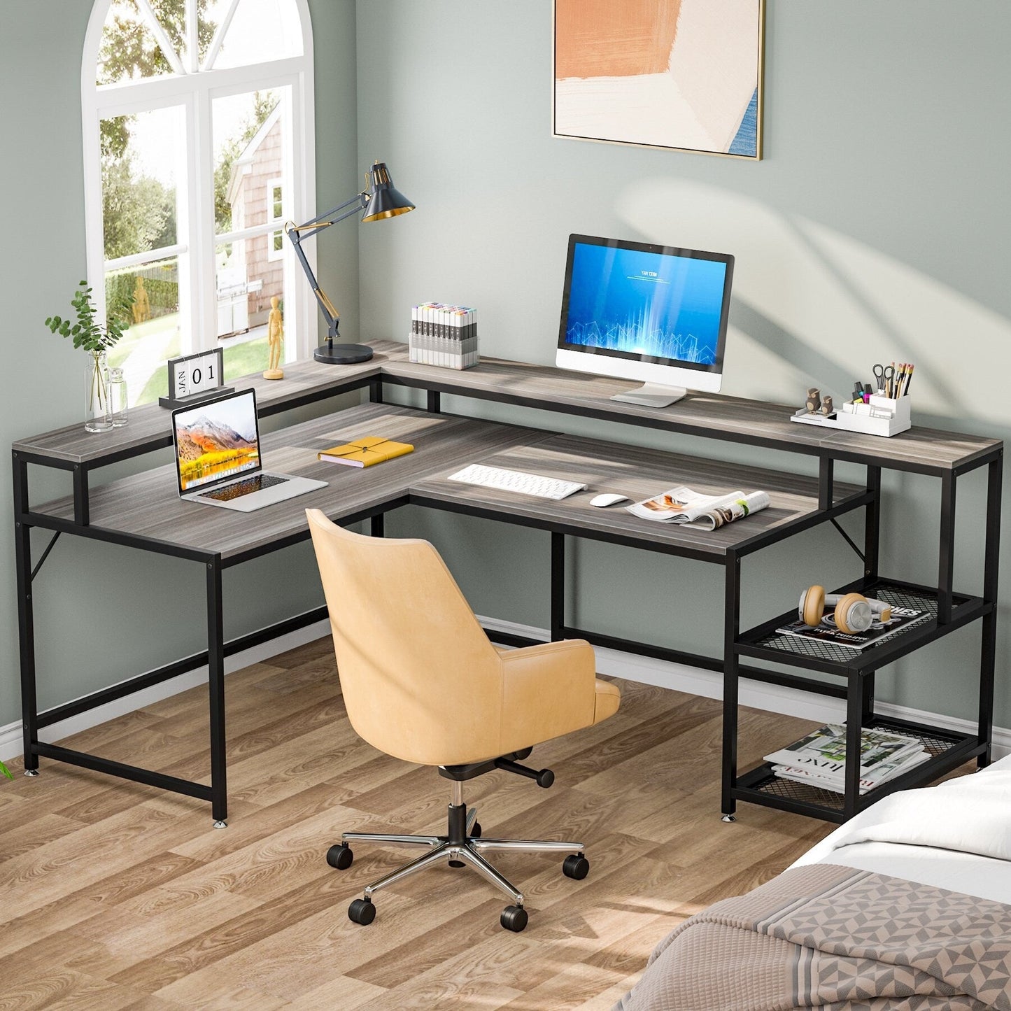 Bureau en forme de L avec étagère pour écran, bureau d'ordinateur d'angle réversible pour bureau à domicile 69