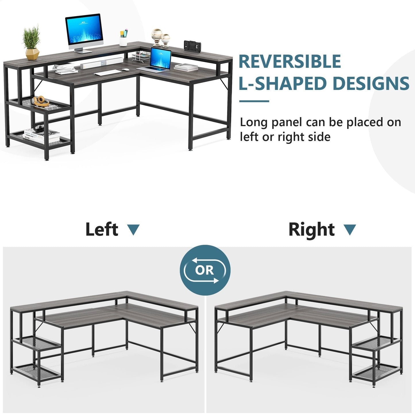 Bureau en forme de L avec étagère pour écran, bureau d'ordinateur d'angle réversible pour bureau à domicile 69