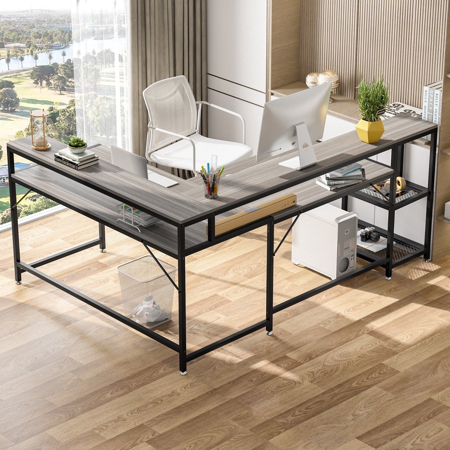 Bureau en forme de L avec étagère pour écran, bureau d'ordinateur d'angle réversible pour bureau à domicile 69