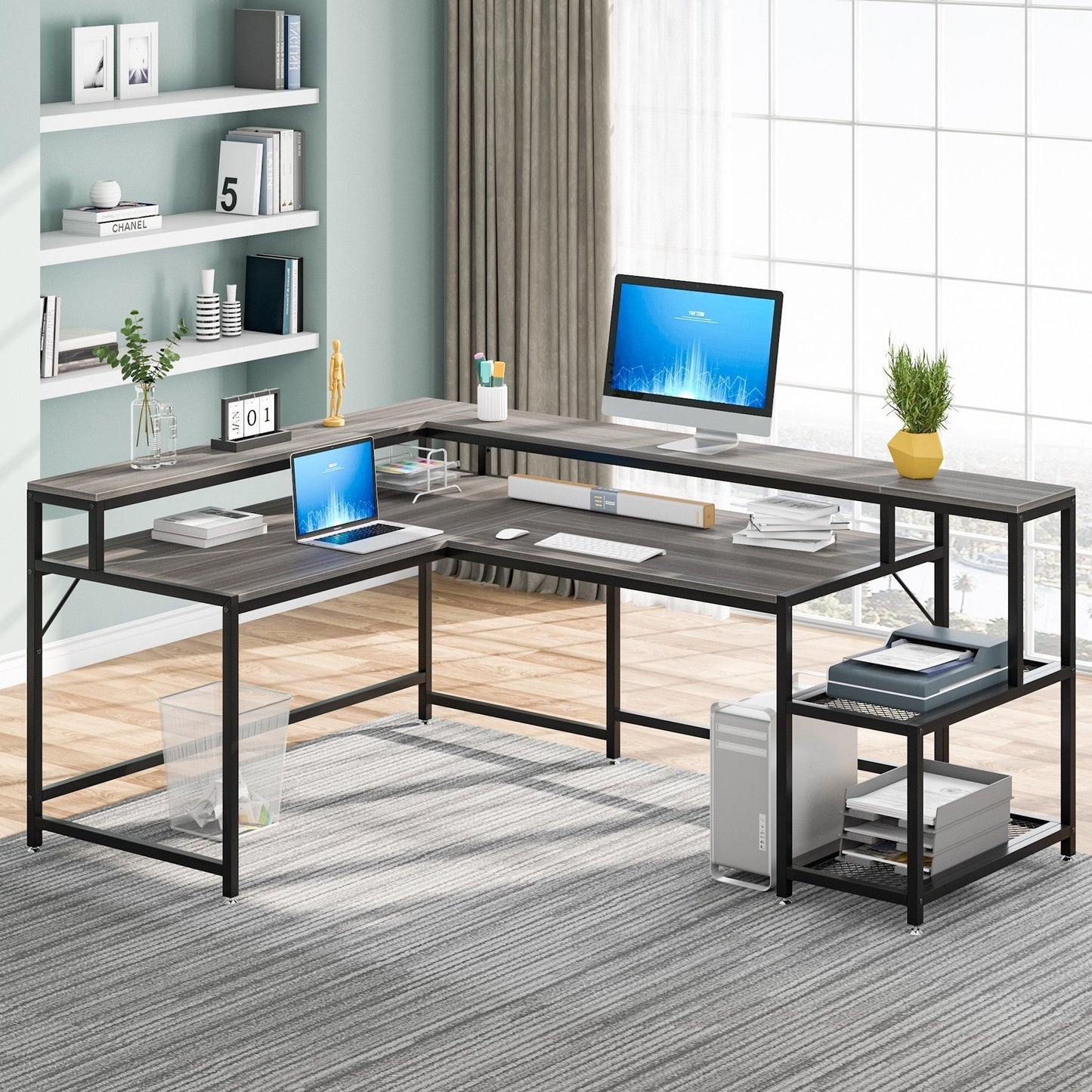 Bureau en forme de L avec étagère pour écran, bureau d'ordinateur d'angle réversible pour bureau à domicile 69