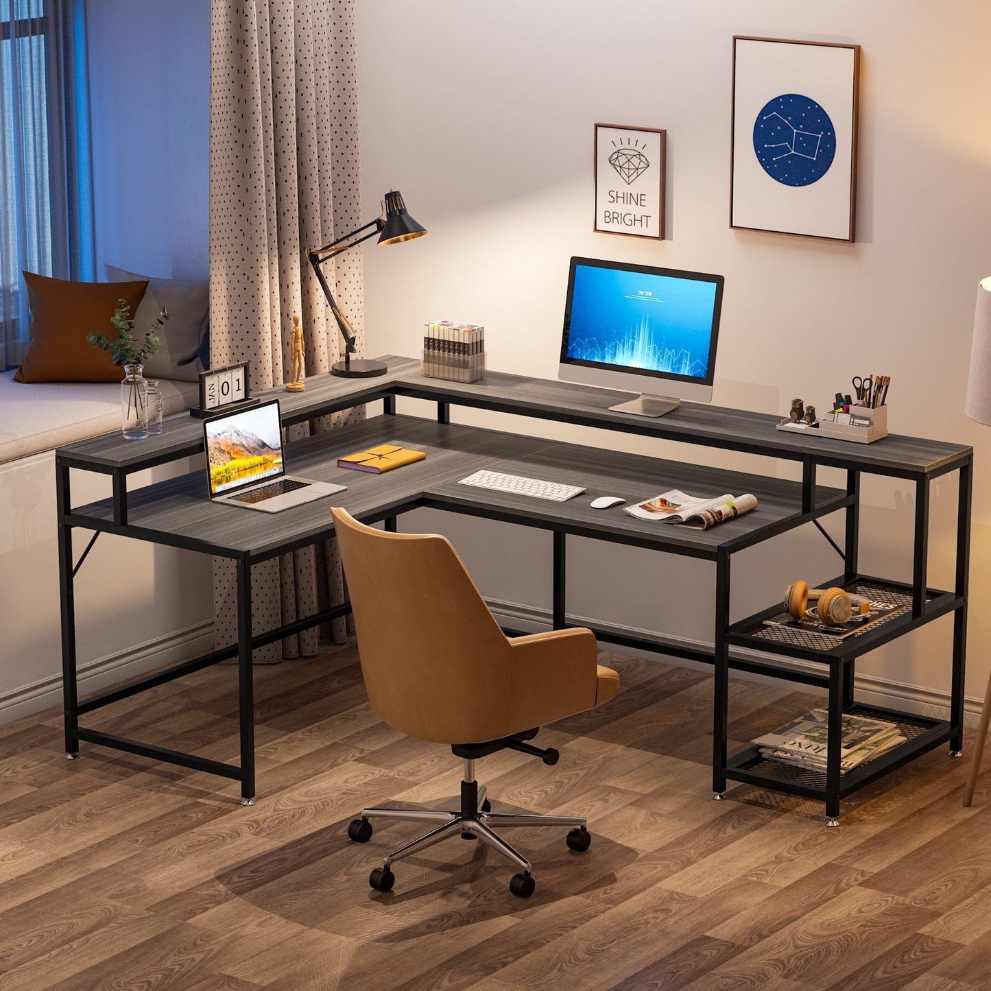 Bureau en forme de L avec étagère pour écran, bureau d'ordinateur d'angle réversible pour bureau à domicile 69