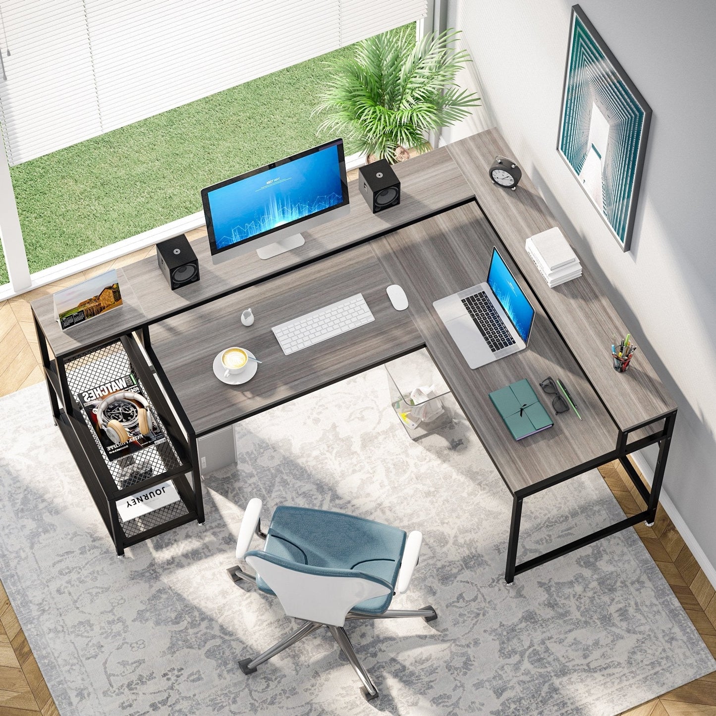 Bureau en forme de L avec étagère pour écran, bureau d'ordinateur d'angle réversible pour bureau à domicile 69