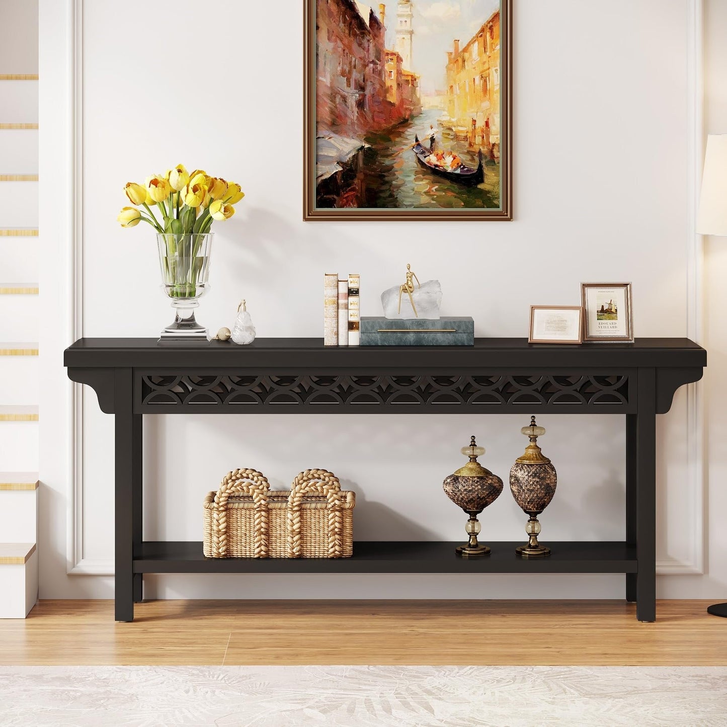 Table console longue de 179,5 cm en bois massif style farmhouse, à placer devant le canapé