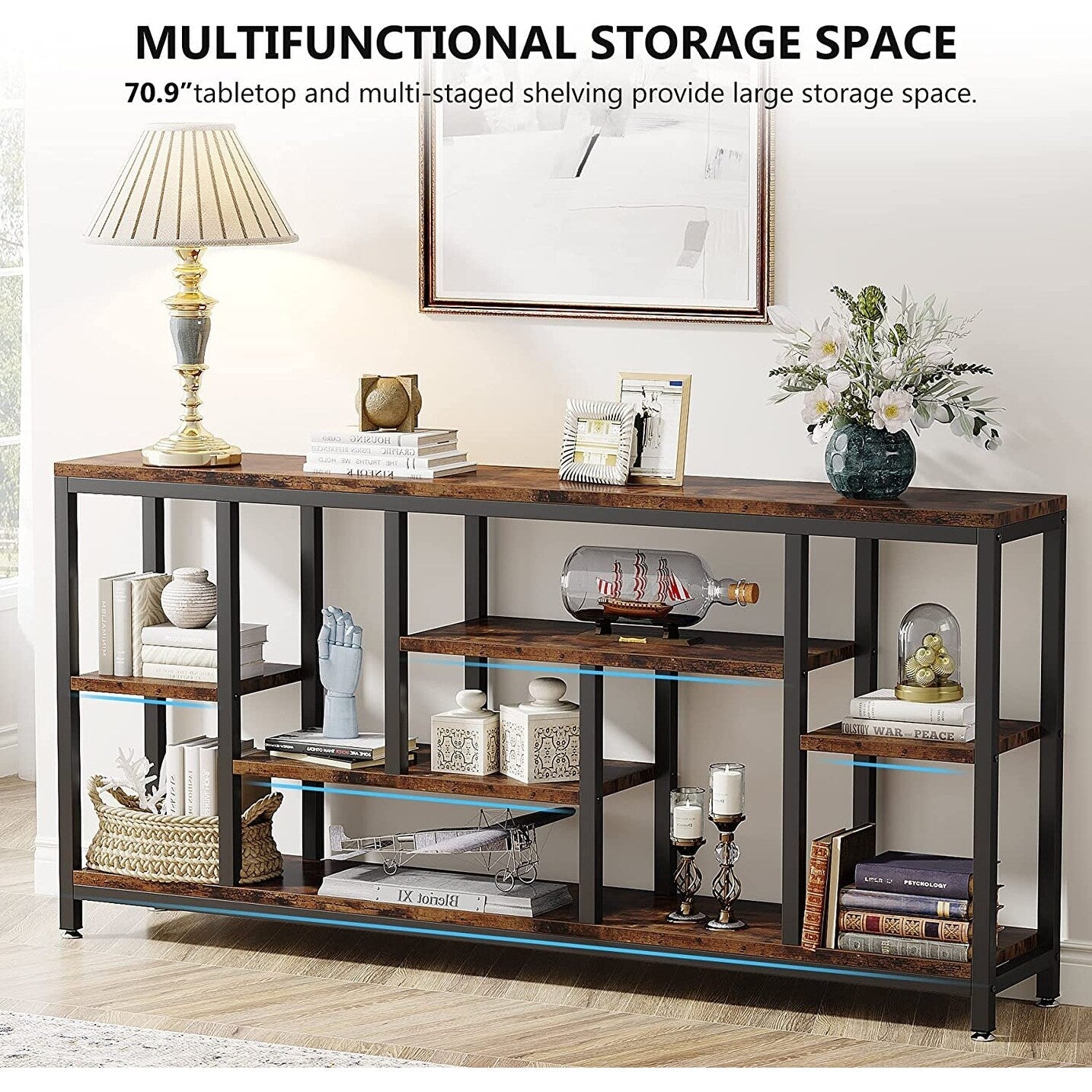 Table console de canapé de 180 cm avec rangement, table d'entrée à 3 niveaux pour couloir