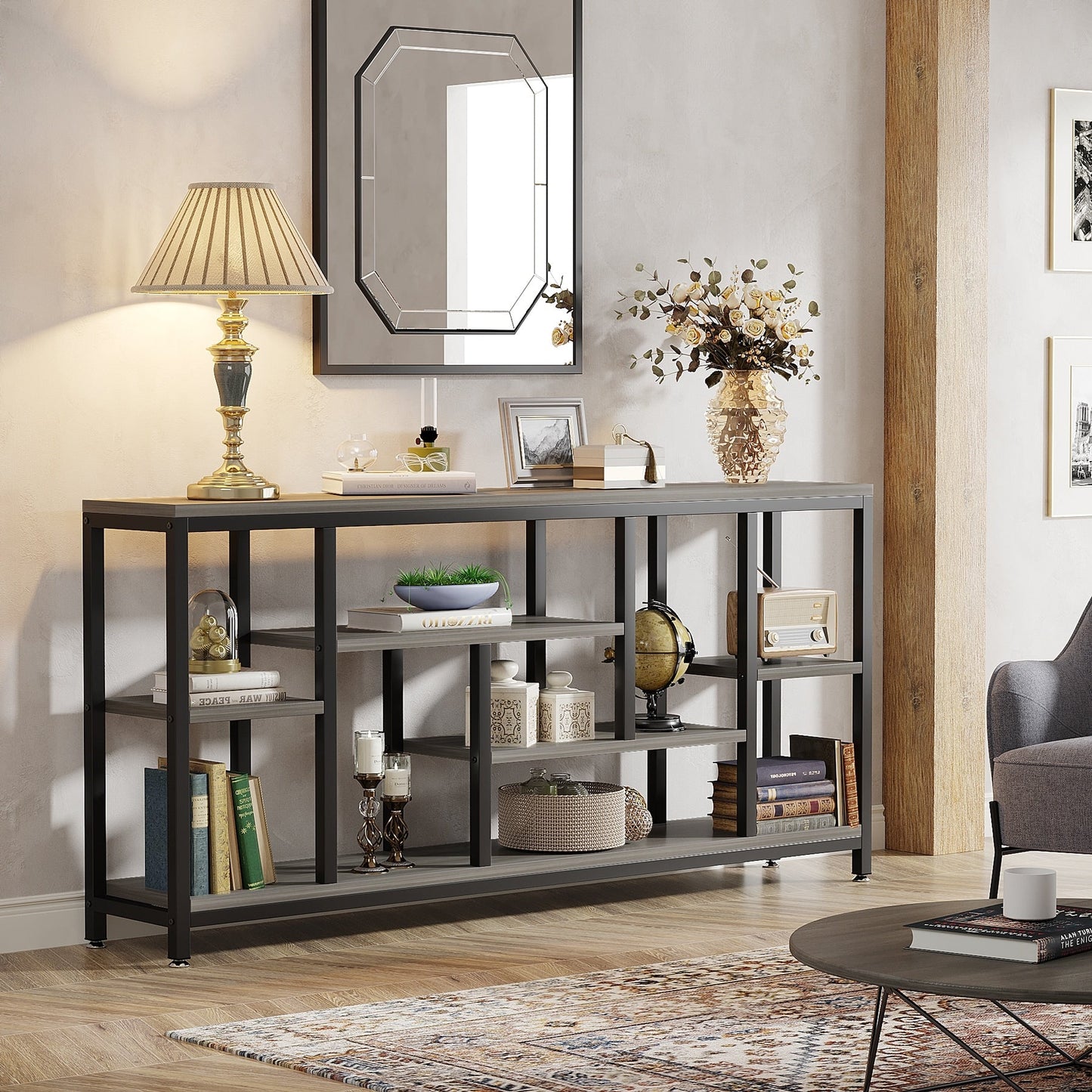 Table console de canapé de 180 cm avec rangement, table d'entrée à 3 niveaux pour couloir